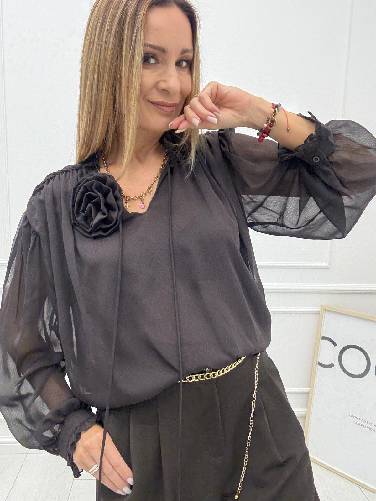  Czekoladowa Koszula Bluzka z Różą