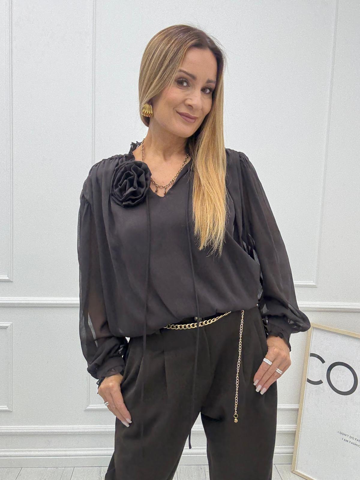  Czekoladowa Koszula Bluzka z Różą