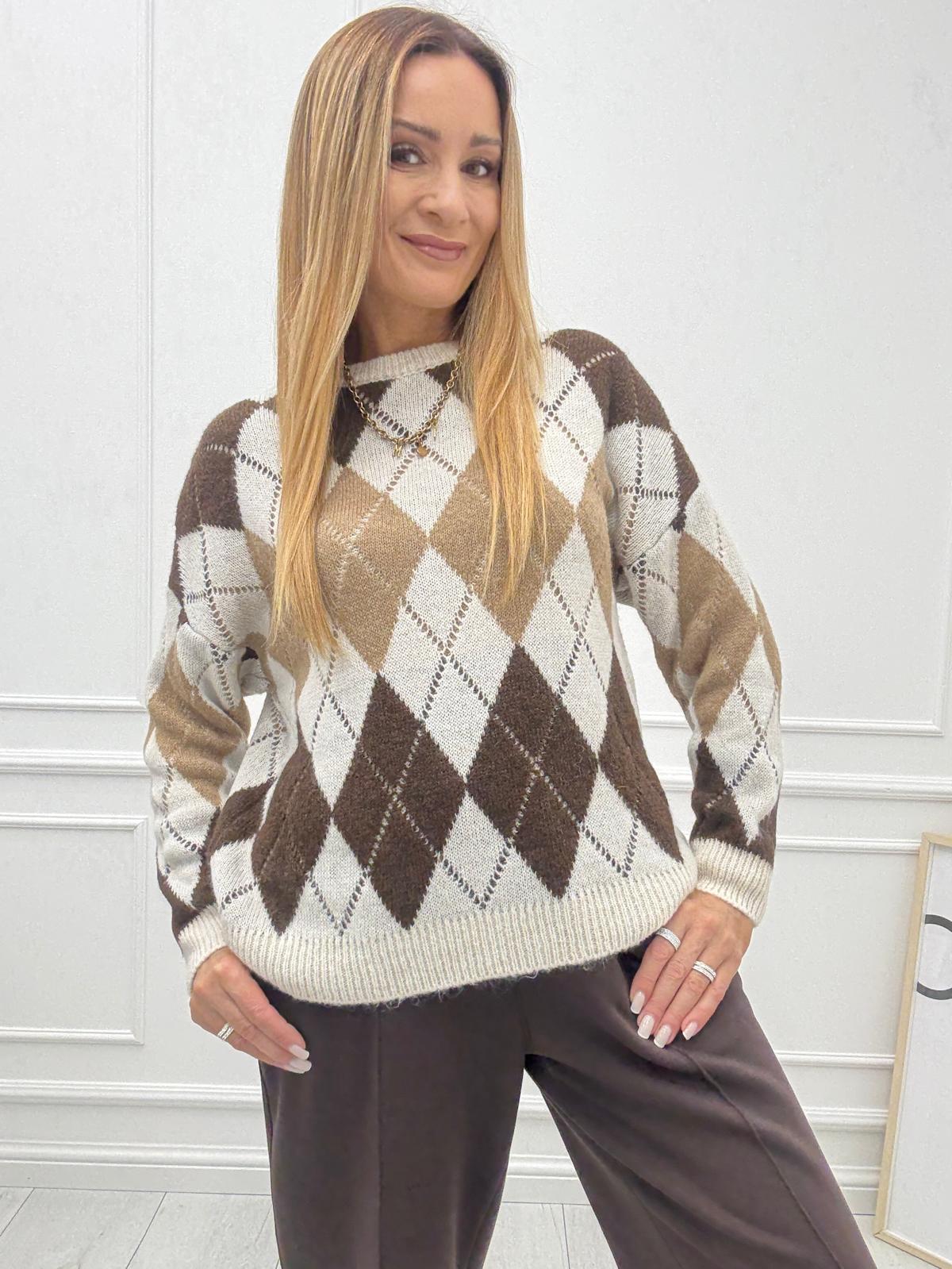  Sweter w Romby Beżowo Brązowy