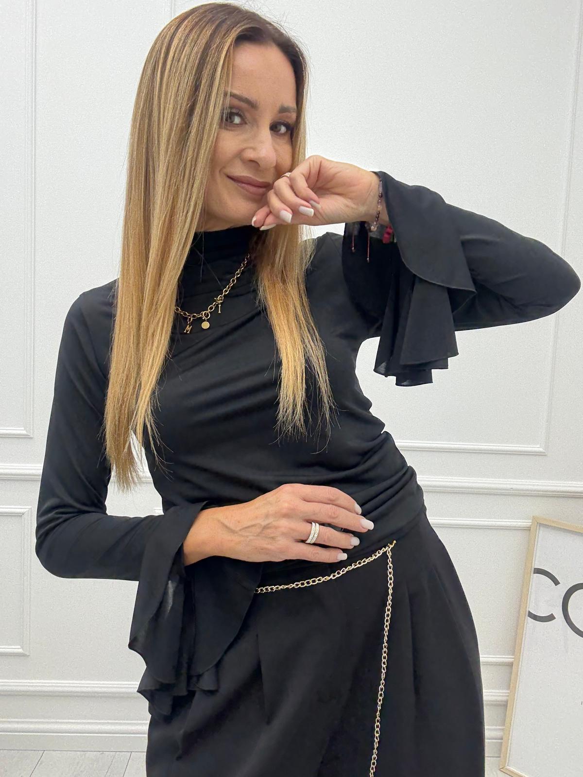 Bluzka Czarna Minouu Rękaw z Falbanką