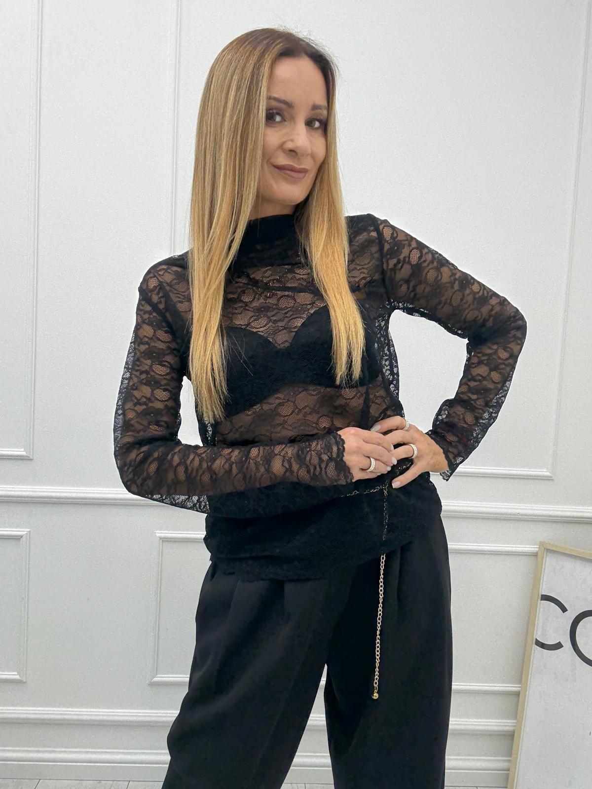 Czarna Bluzka Koronkowa 
