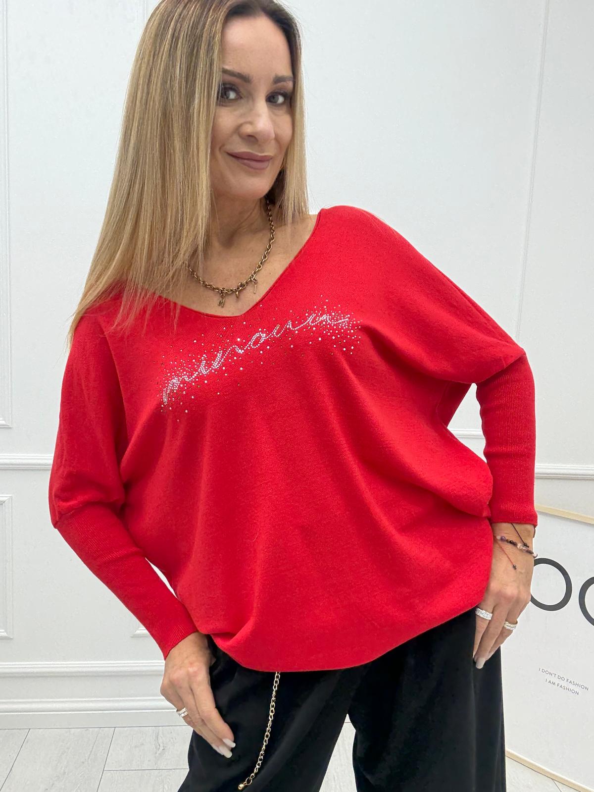 Bluzka Sweter Flora Minouu z Diamentowym Logo Czerwona