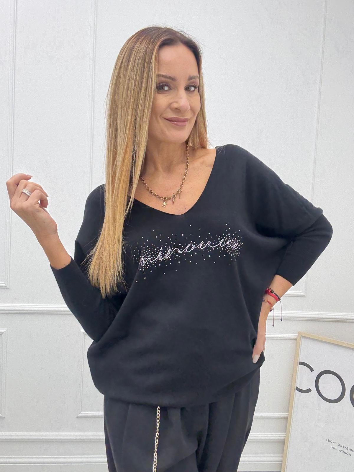 Bluzka Sweter Flora Minouu z Diamentowym Logo Czarna