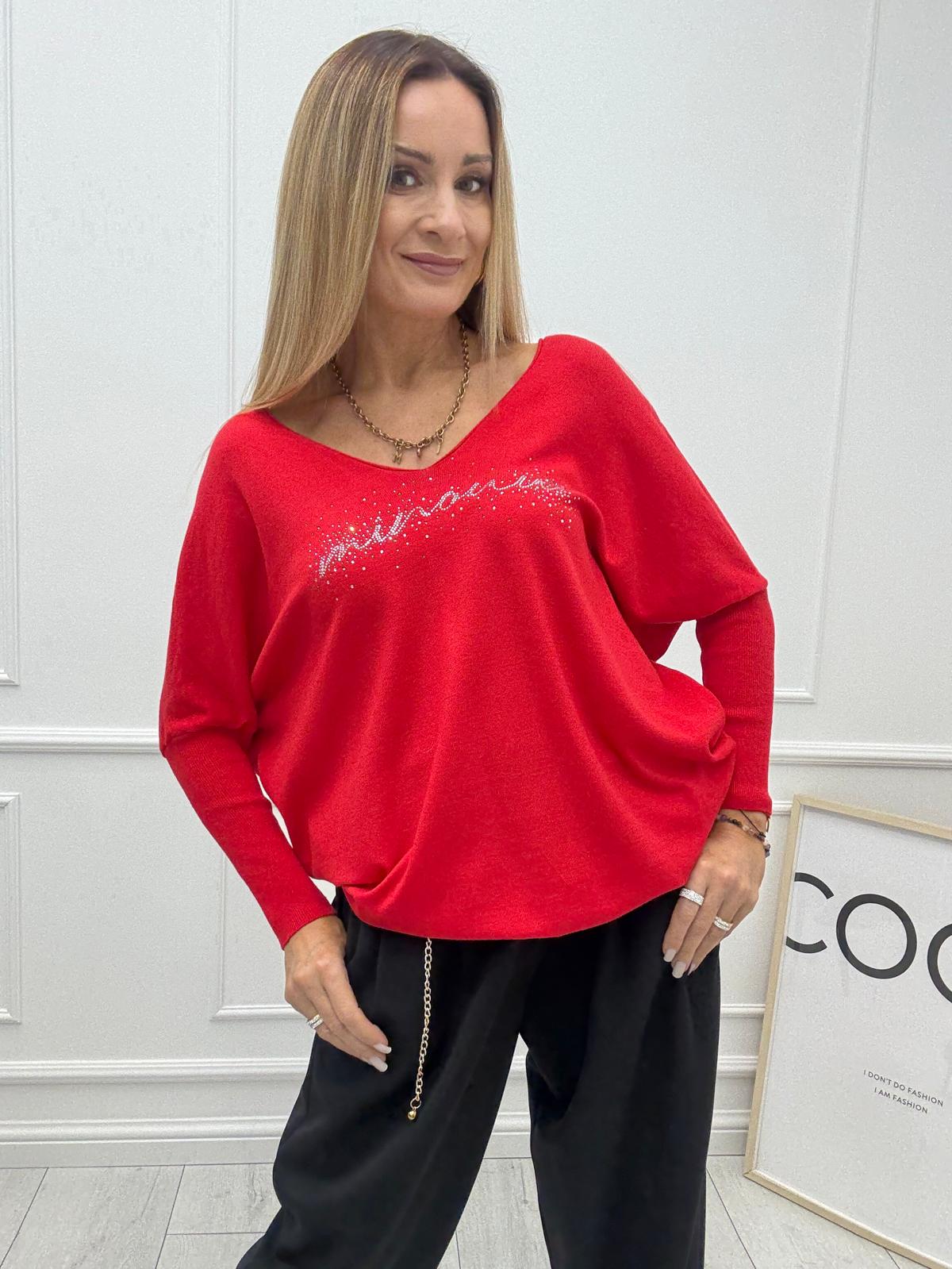 Bluzka Sweter Flora Minouu z Diamentowym Logo Czerwona