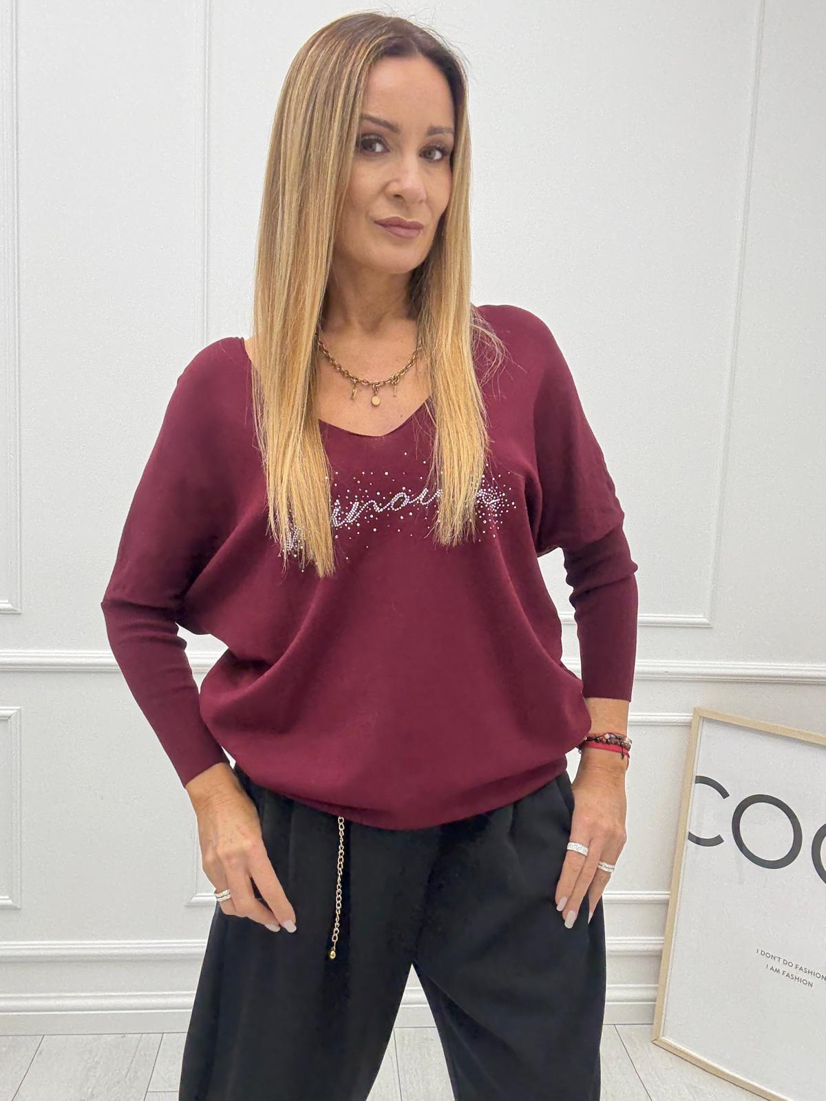 Bluzka Sweter Flora Minouu z Diamentowym Logo Wino