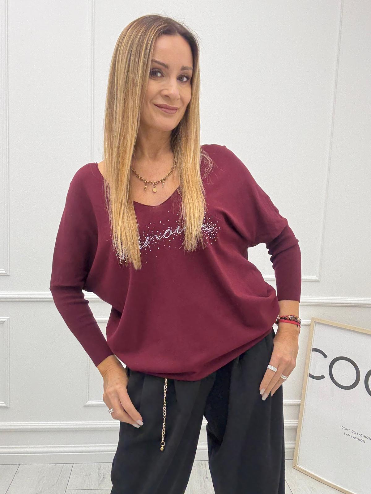 Bluzka Sweter Flora Minouu z Diamentowym Logo Wino