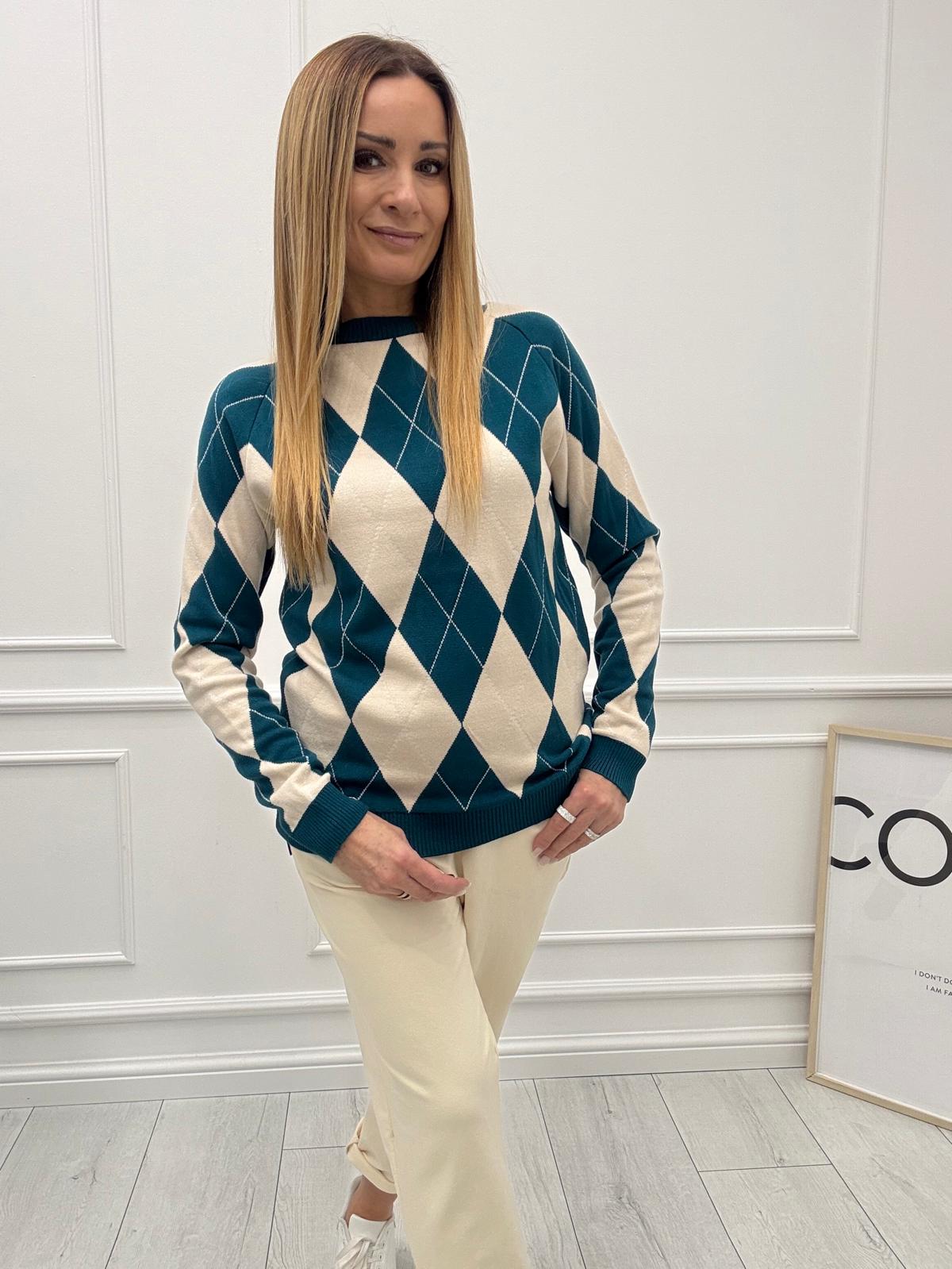 Luksusowa Bluza Sweter w Romby Minouu Morski 