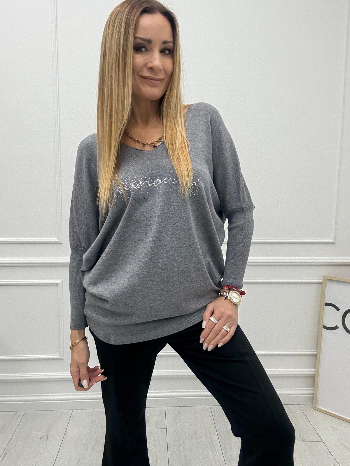 Bluzka Sweter Flora Minouu z Diamentowym Logo Szara