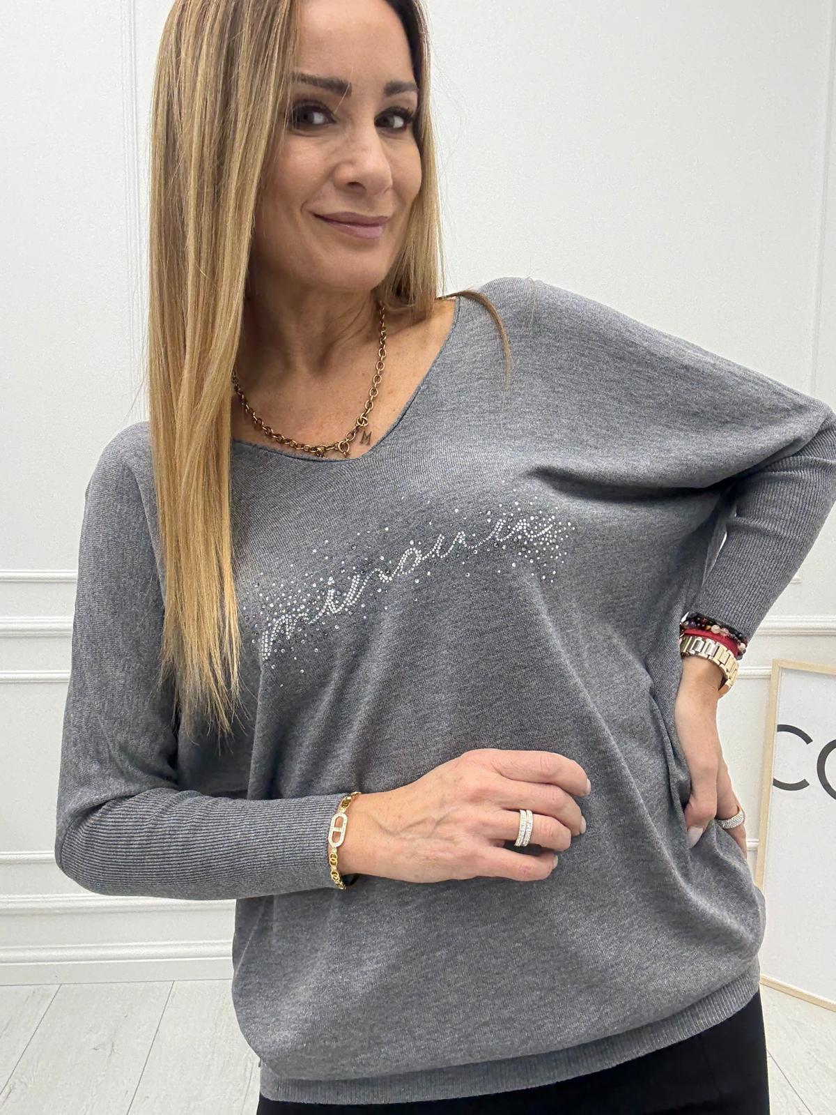 Bluzka Sweter Flora Minouu z Diamentowym Logo Szara