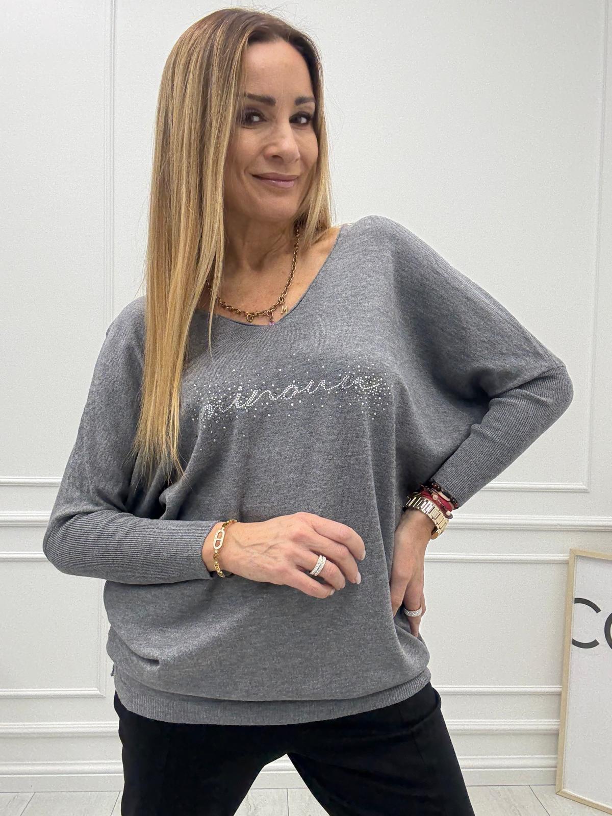 Bluzka Sweter Flora Minouu z Diamentowym Logo Szara