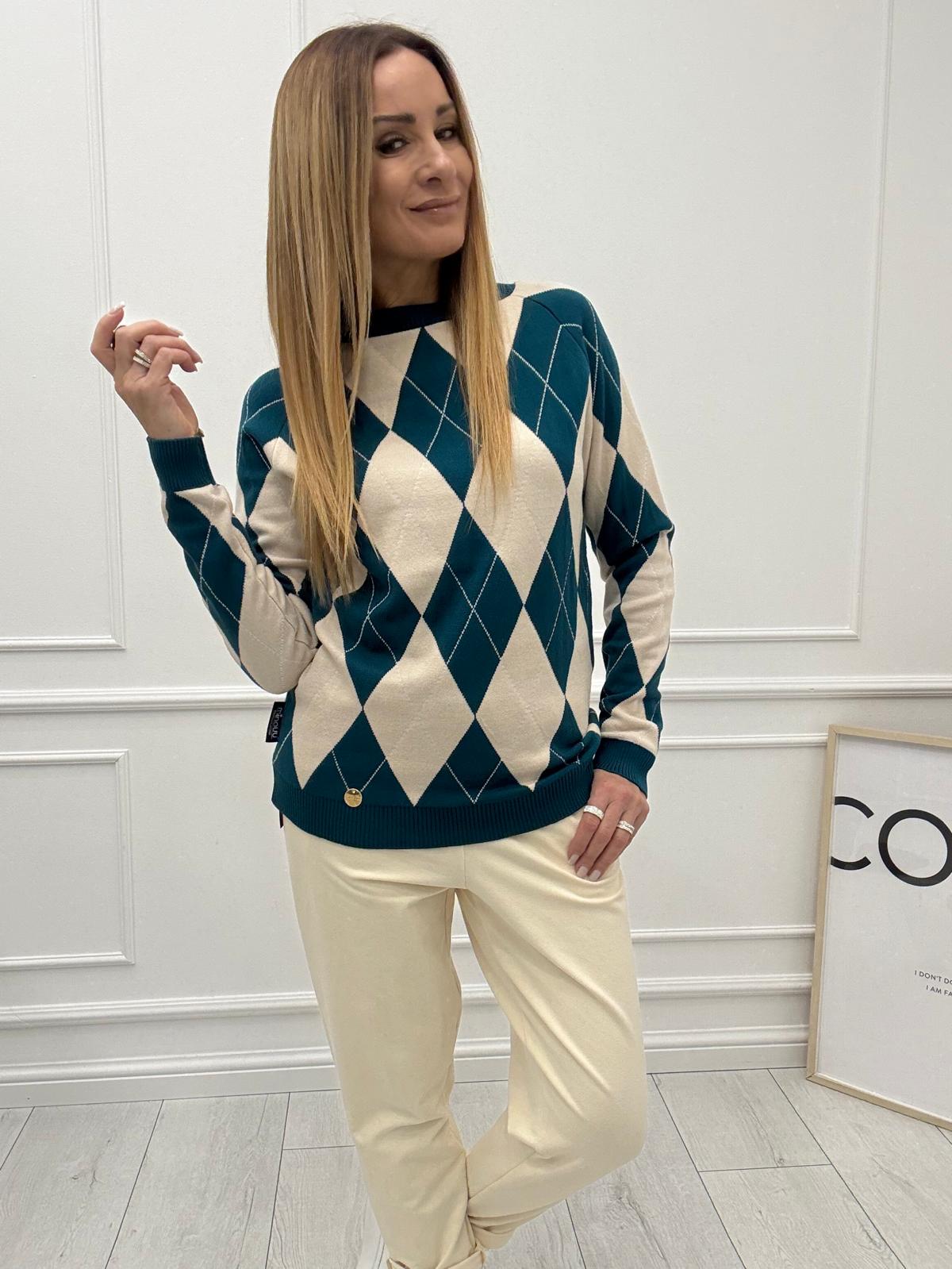 Luksusowa Bluza Sweter w Romby Minouu Morski 