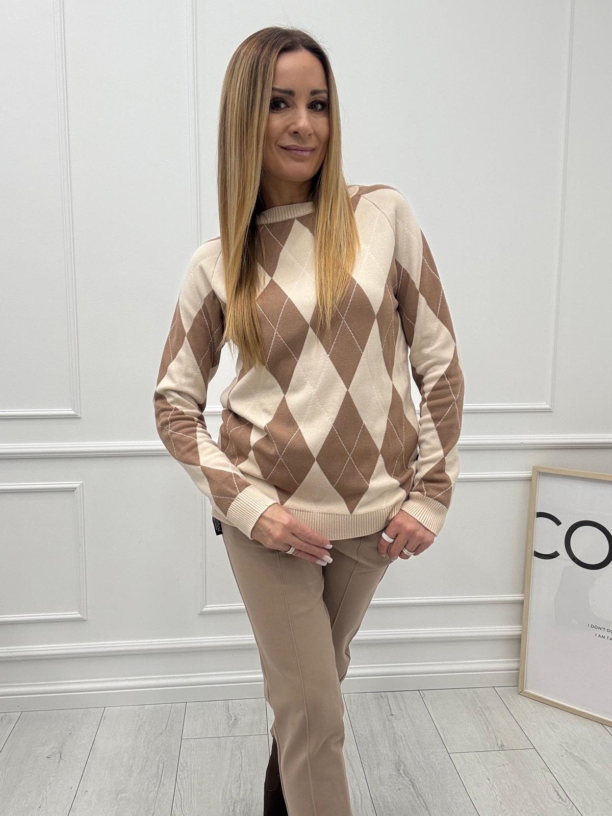 Luksusowa Bluza Sweter w Romby Minouu Czekolada