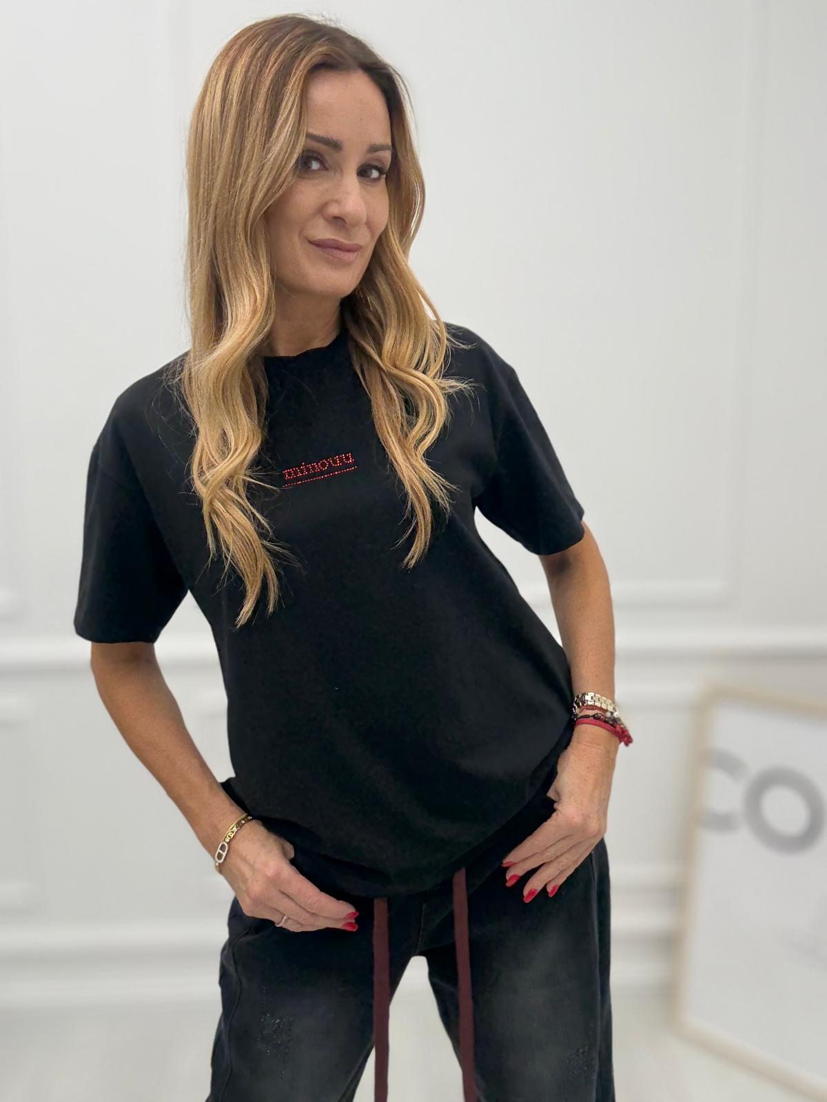 Czarny Damski T-Shirt z Napisem Minouu