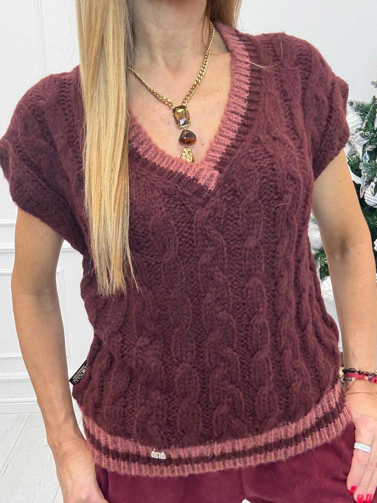 Piękny Pulower Sweter Warkocz Minouu Wino z Terakotą