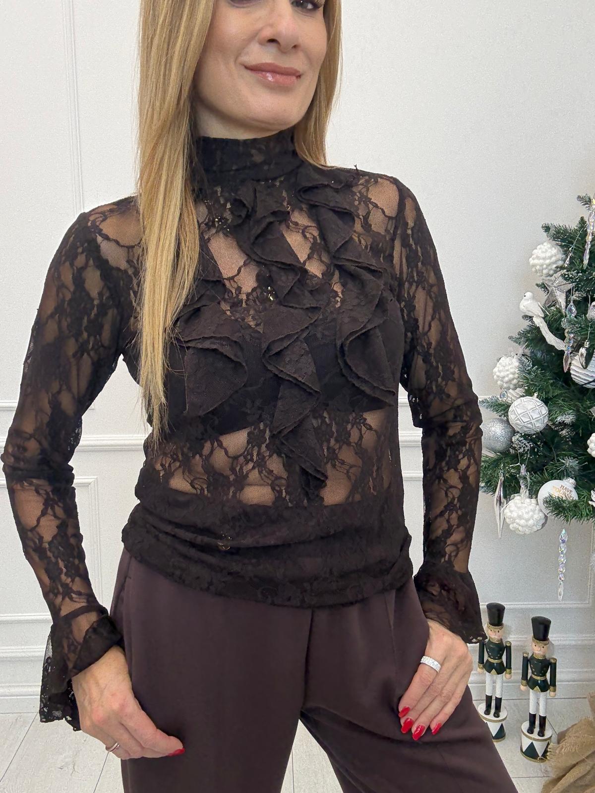 Czekoladowy Półgolf Koronkowy z Żabotem Minouu