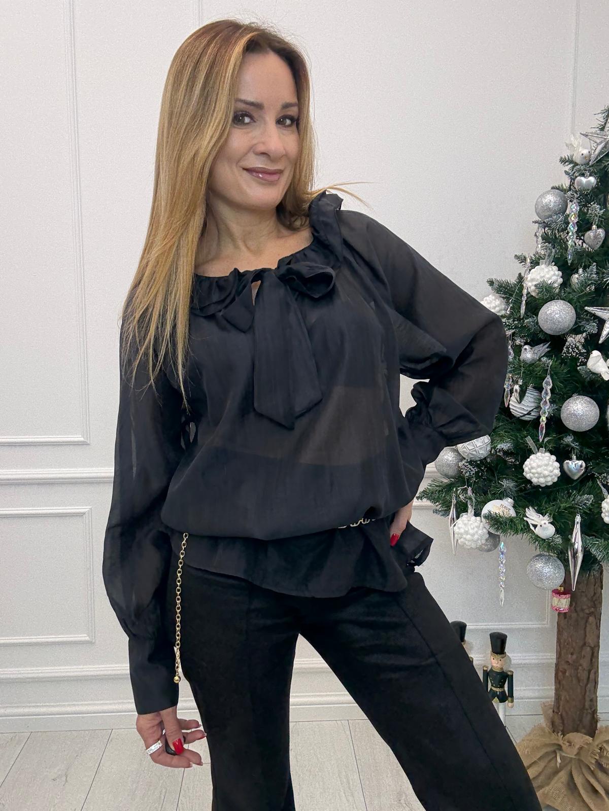 Czarna Bluzka z Wiązaniem i Falbanką przy Dekolcie Minouu