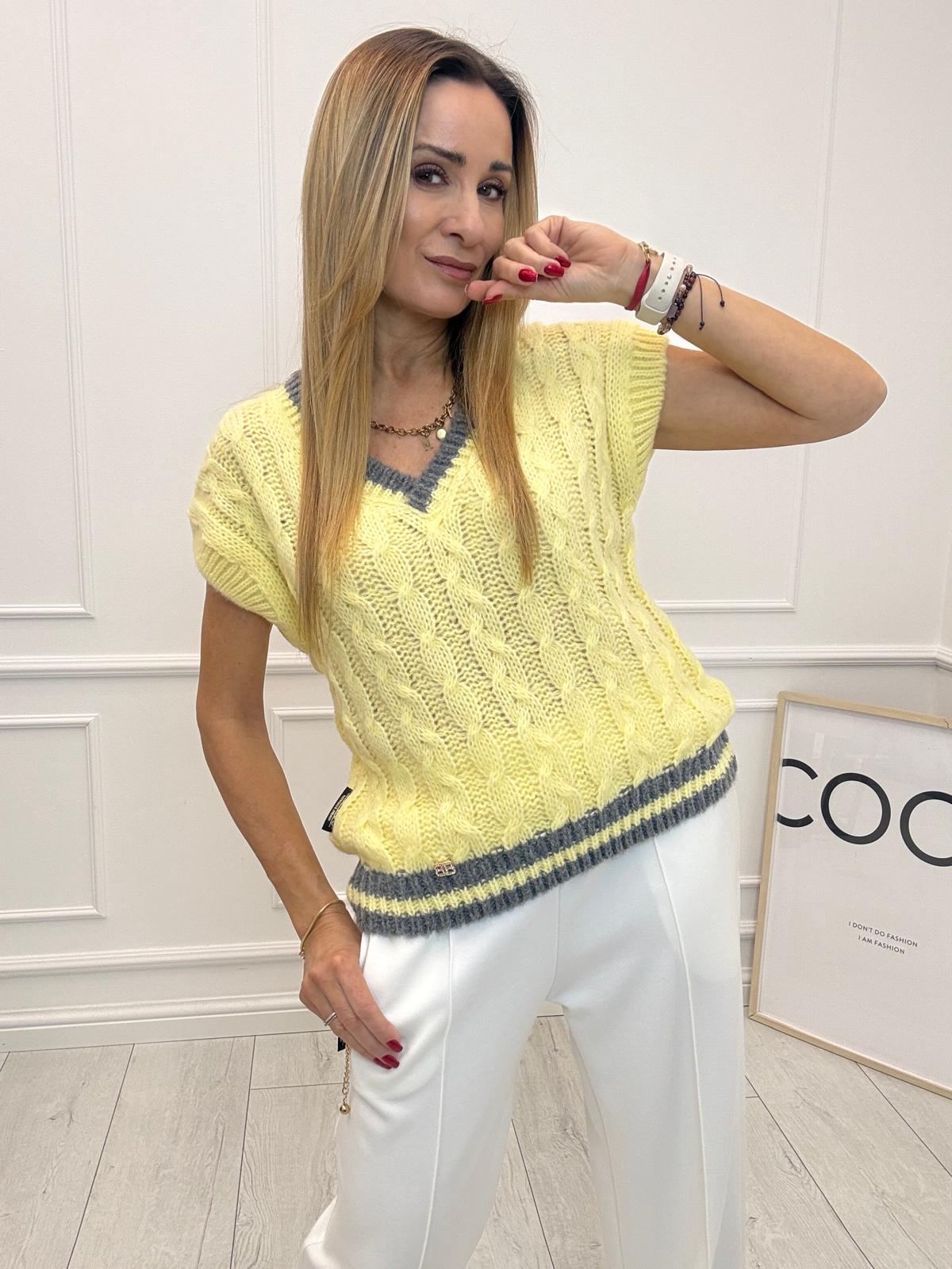 Piękny Pulower Sweter Warkocz Minouu Cytryna z Grafitem