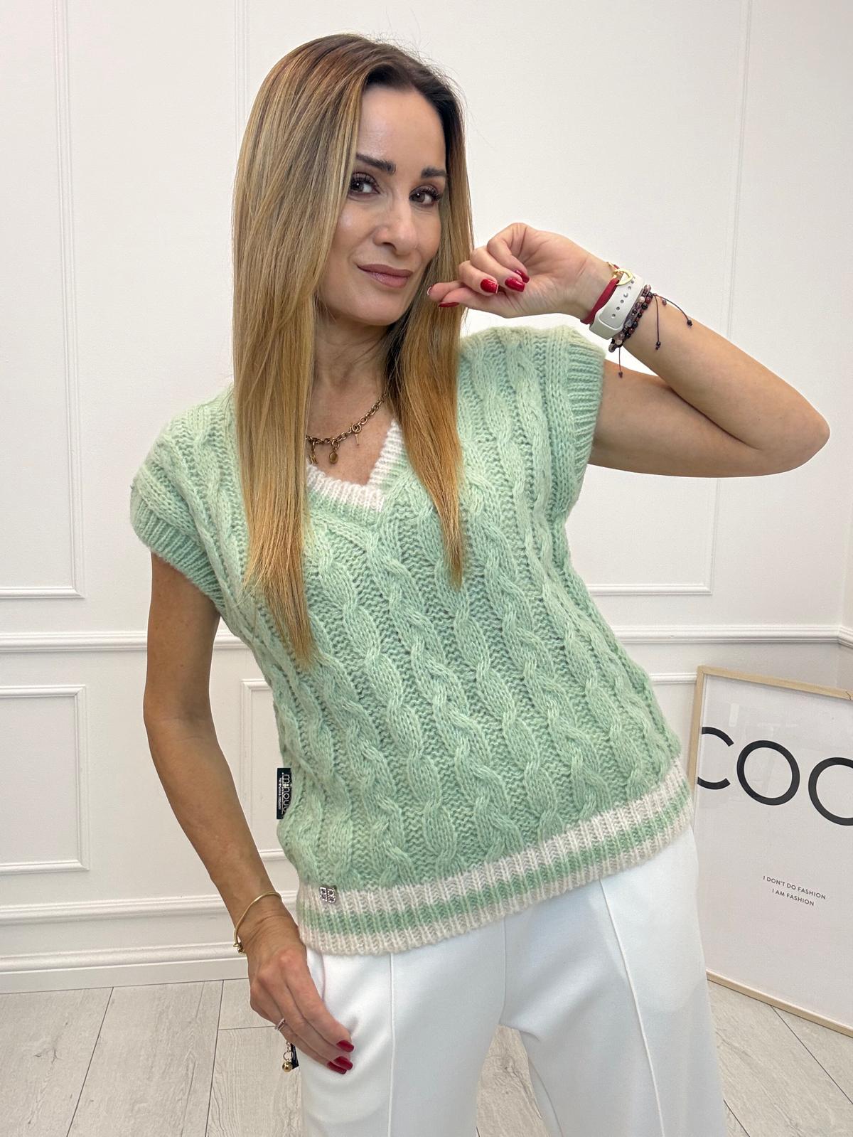 Piękny Pulower Sweter Warkocz Minouu Miętowy z Kokosem