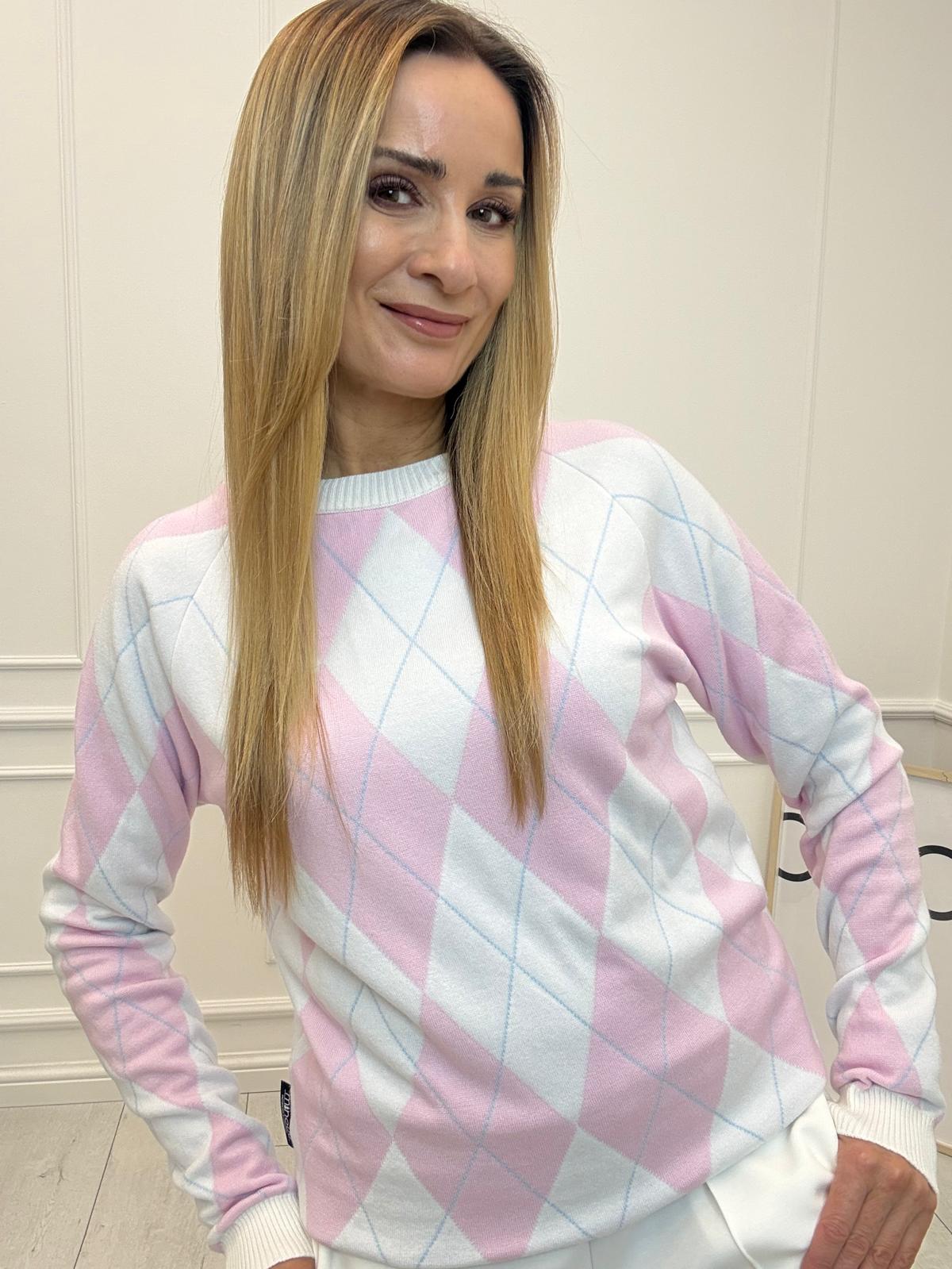 Luksusowa Bluza Sweter w Romby Minouu Biały z Różowym 