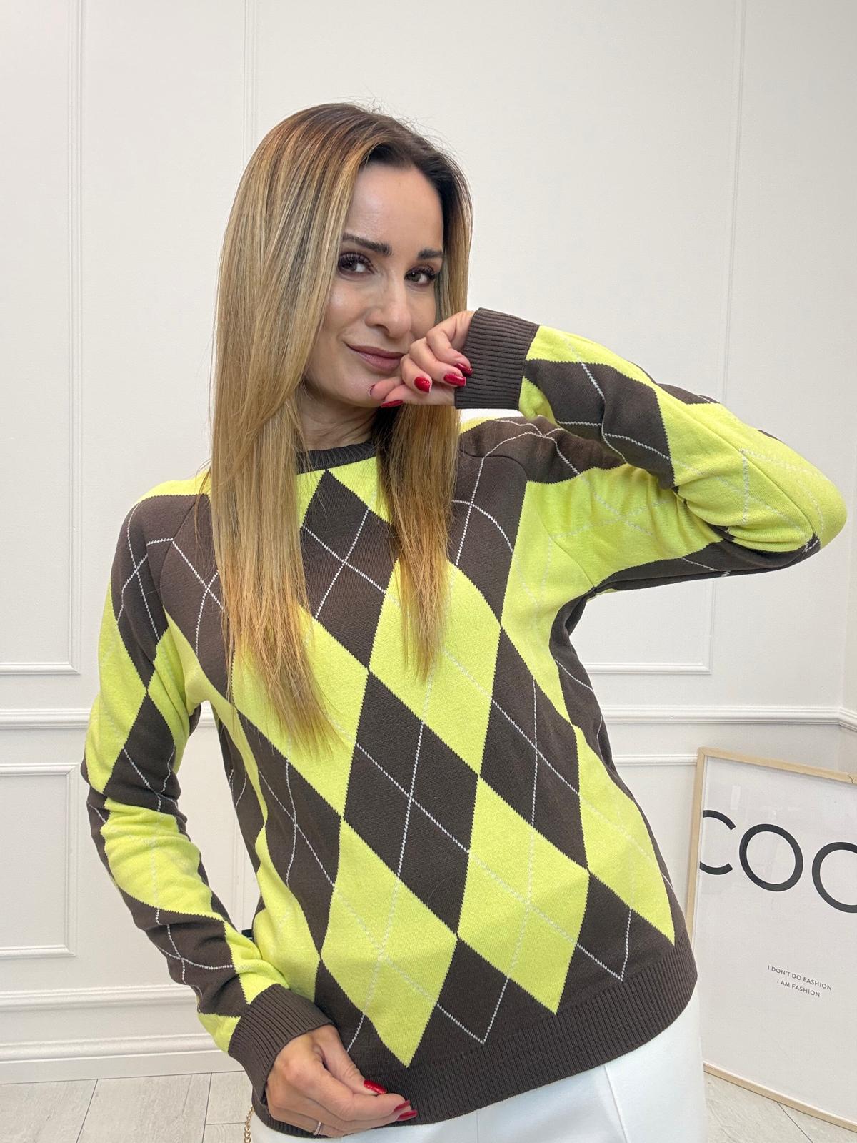 Luksusowa Bluza Sweter w Romby Minouu Cytryna z Czekoladą