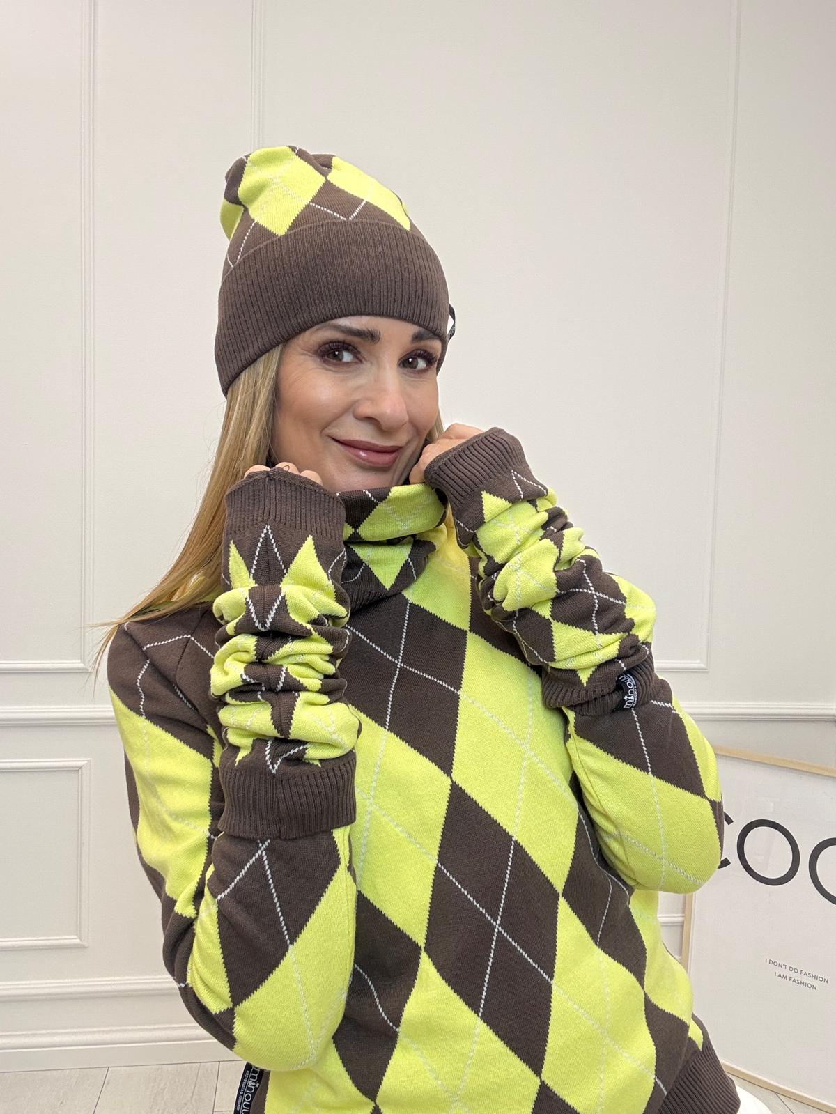 Luksusowa Bluza Sweter w Romby Minouu Cytryna z Czekoladą