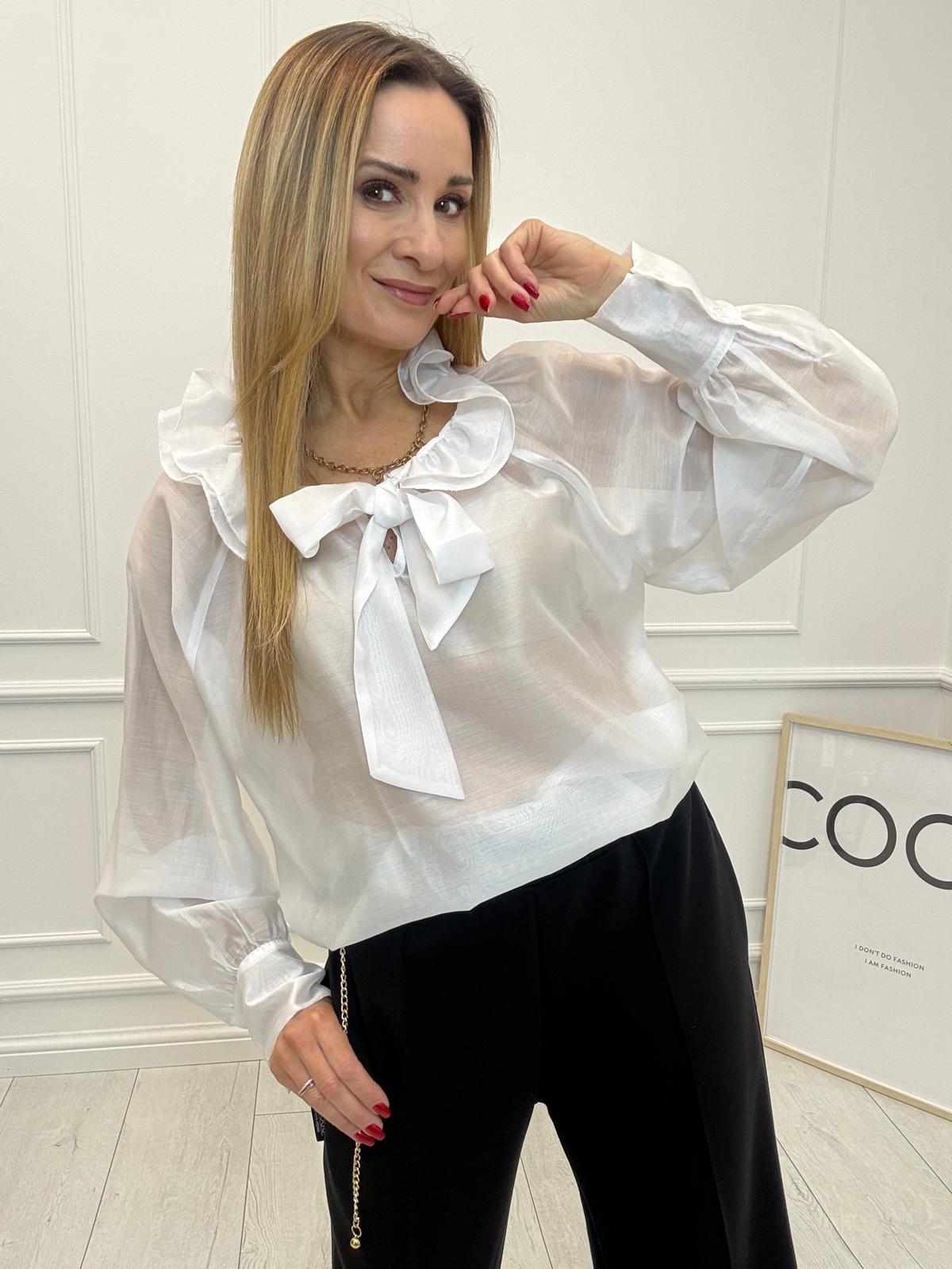 Biała Bluzka z Wiązaniem i Falbanką przy Dekolcie Minouu