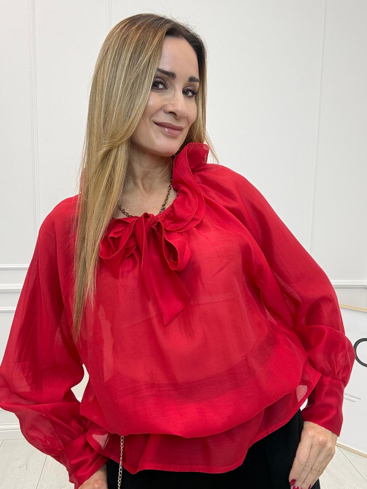 Czerwona Bluzka z Wiązaniem i Falbanką przy Dekolcie Minouu