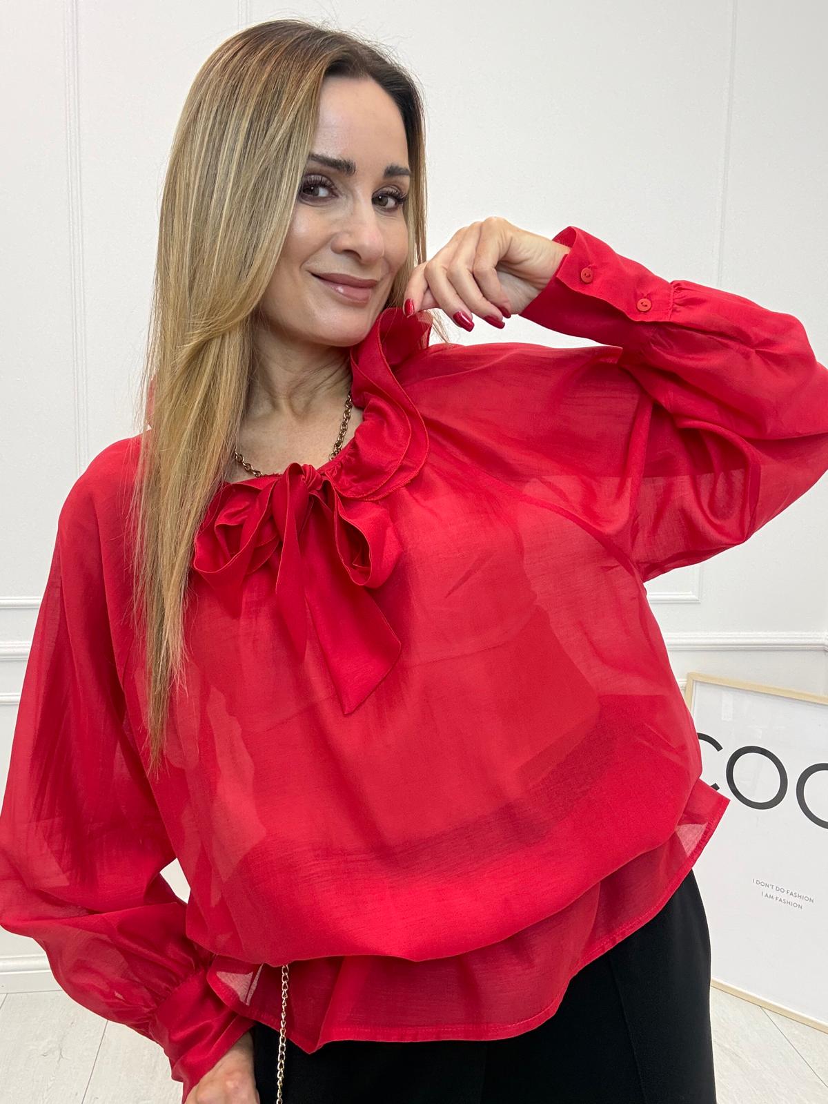 Czerwona Bluzka z Wiązaniem i Falbanką przy Dekolcie Minouu