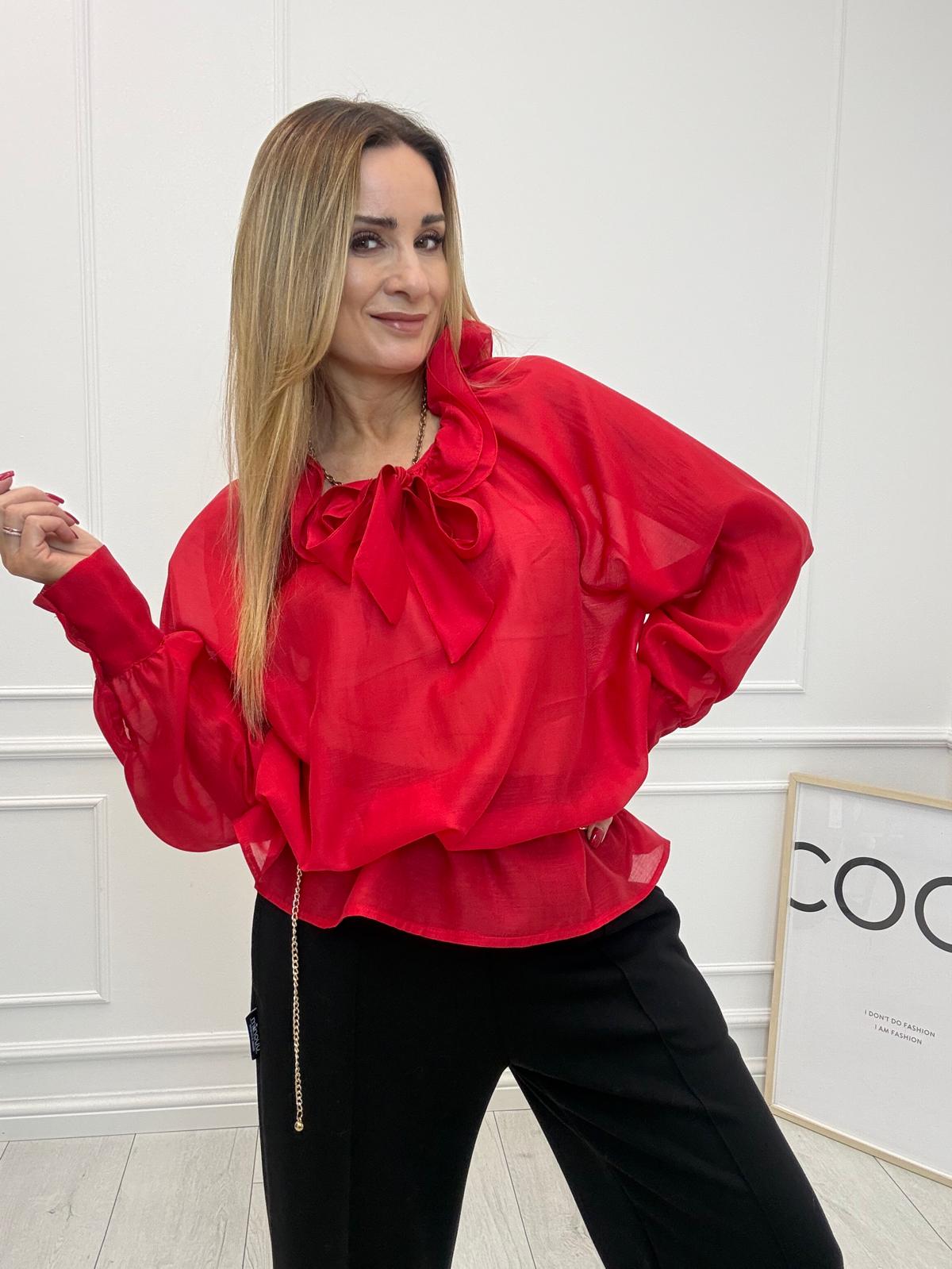 Czerwona Bluzka z Wiązaniem i Falbanką przy Dekolcie Minouu