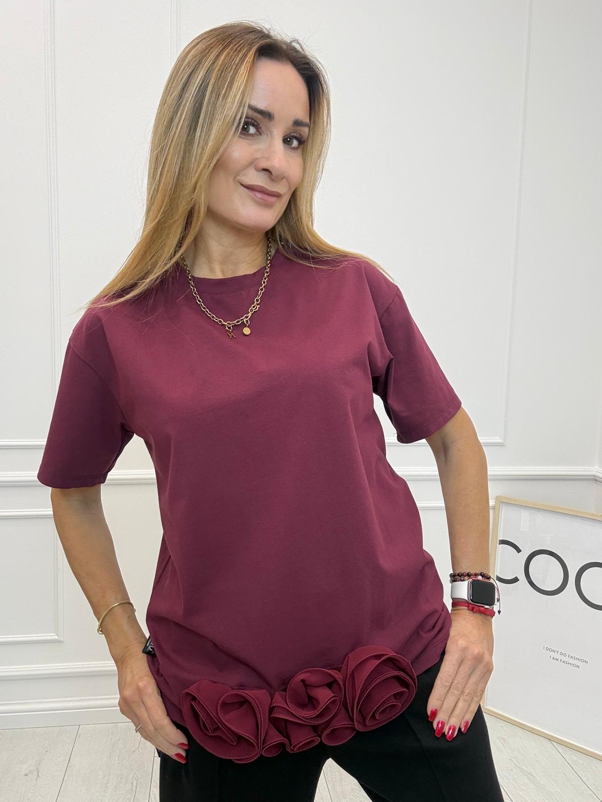 Bordowa Bluzka T-Shirt Minouu z Różami 3D