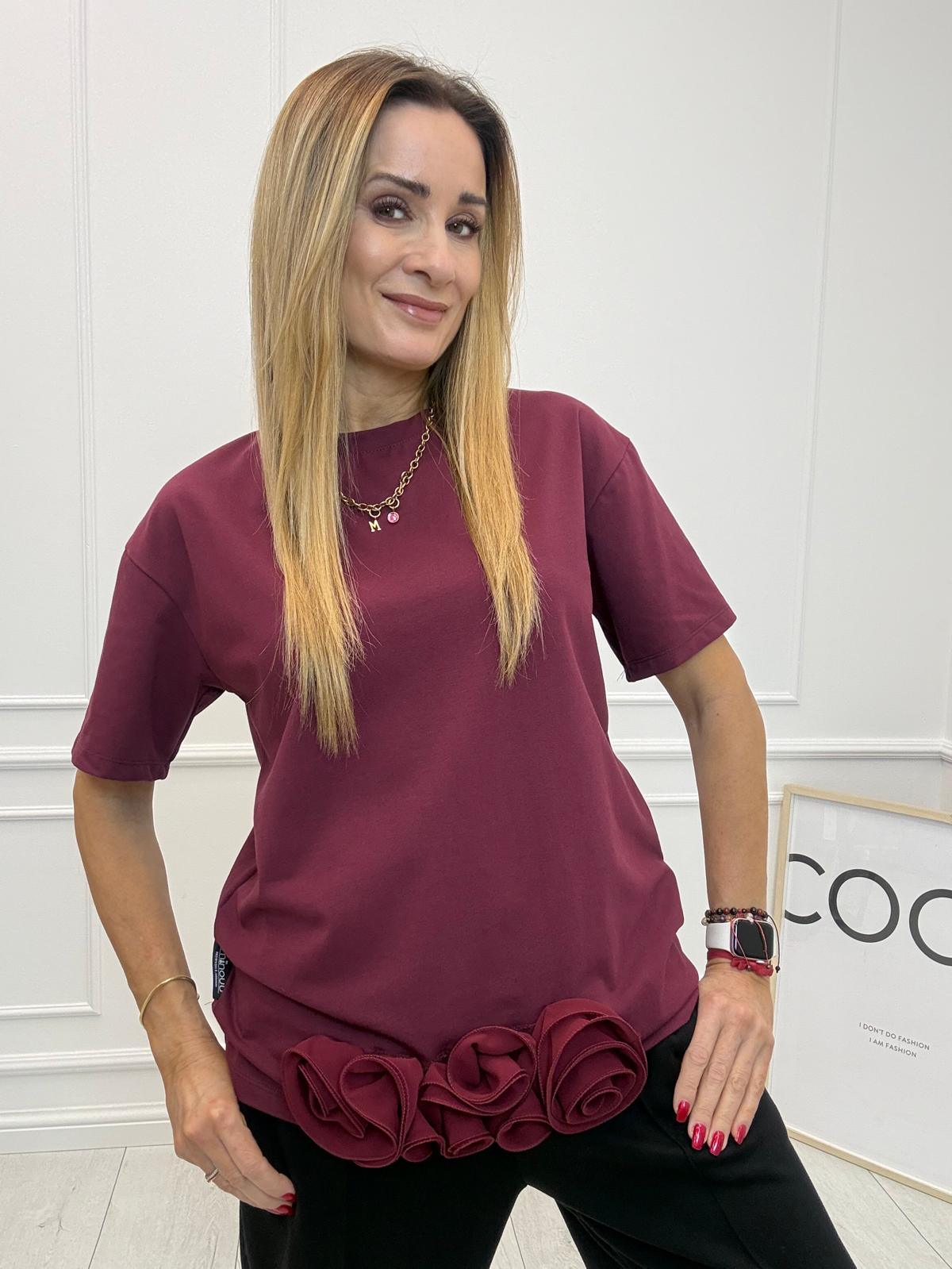 Bordowa Bluzka T-Shirt Minouu z Różami 3D