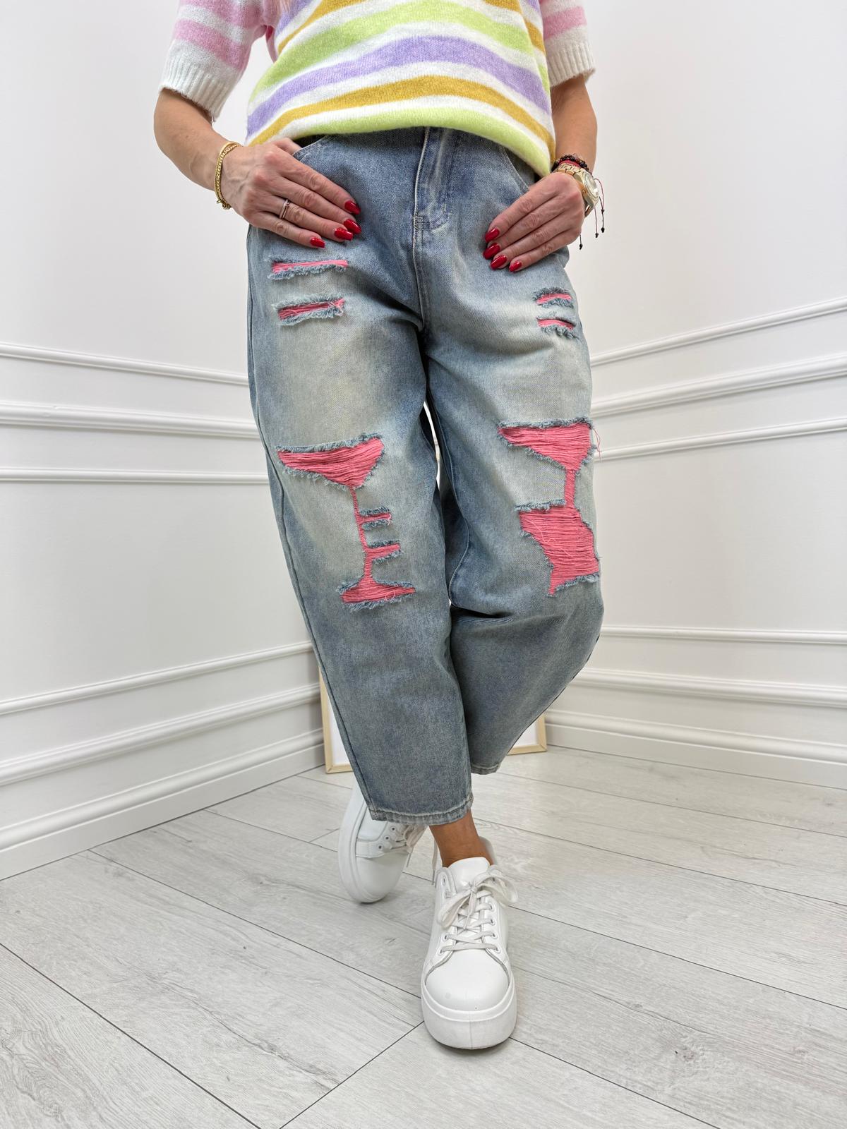 Spodnie Jeans z Różowymi Przetarciami