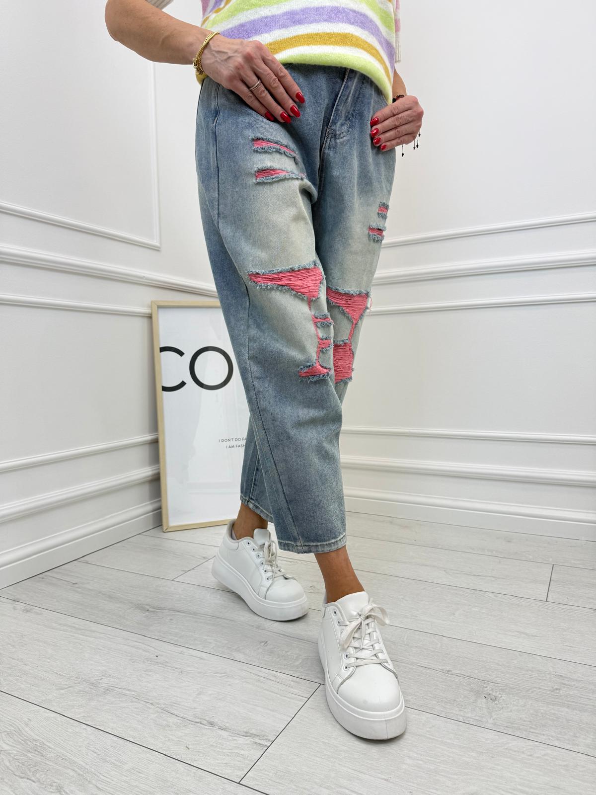 Spodnie Jeans z Różowymi Przetarciami