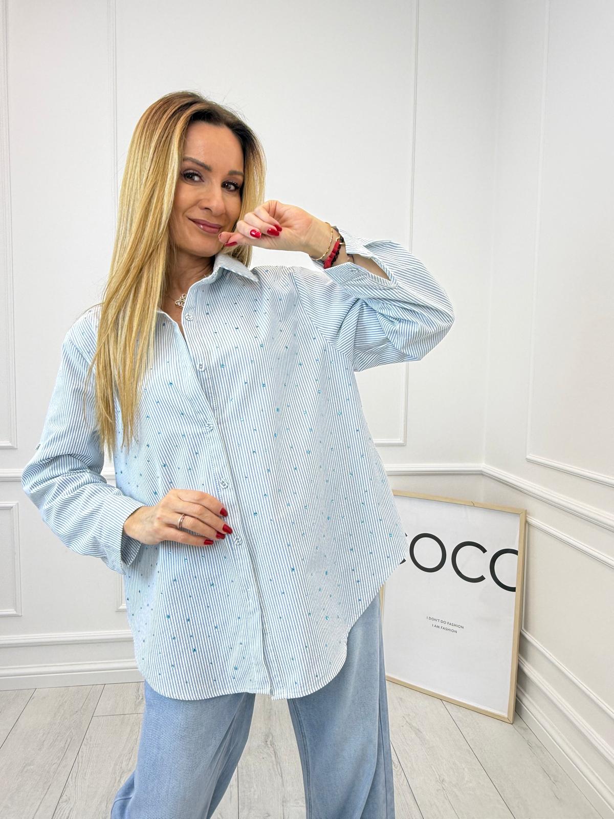 Błękitna Koszula w Paski z Błyszczącymi Cyrkoniami