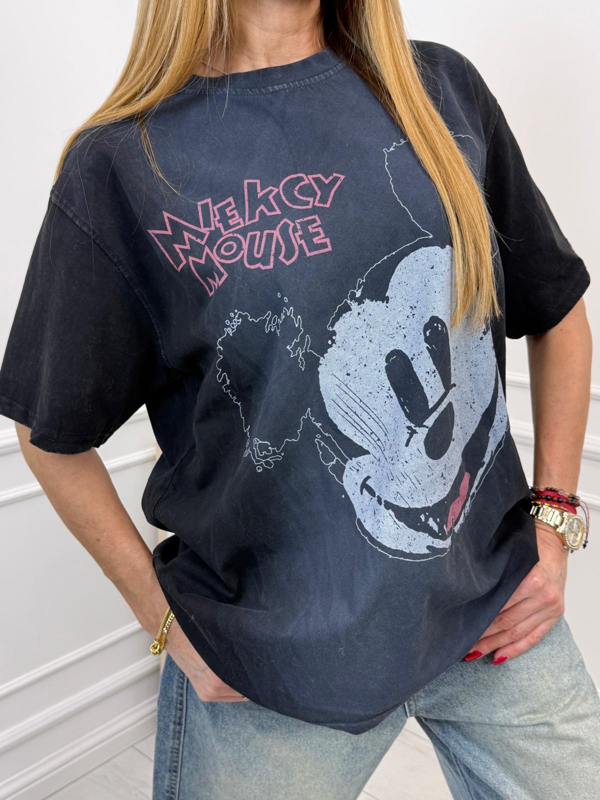 Dekatyzowana Czarna Oversizowa Bluzka T-Shirt Mickey