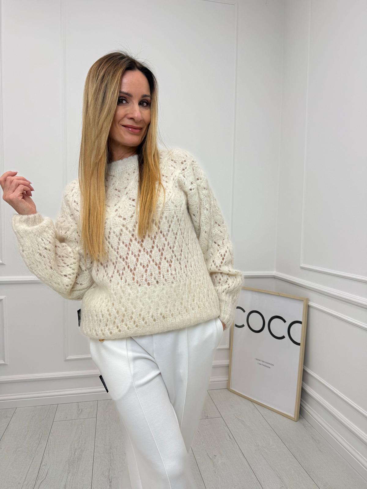 Ażurowy Sweter Minouu Kid Moher Jasny Beż