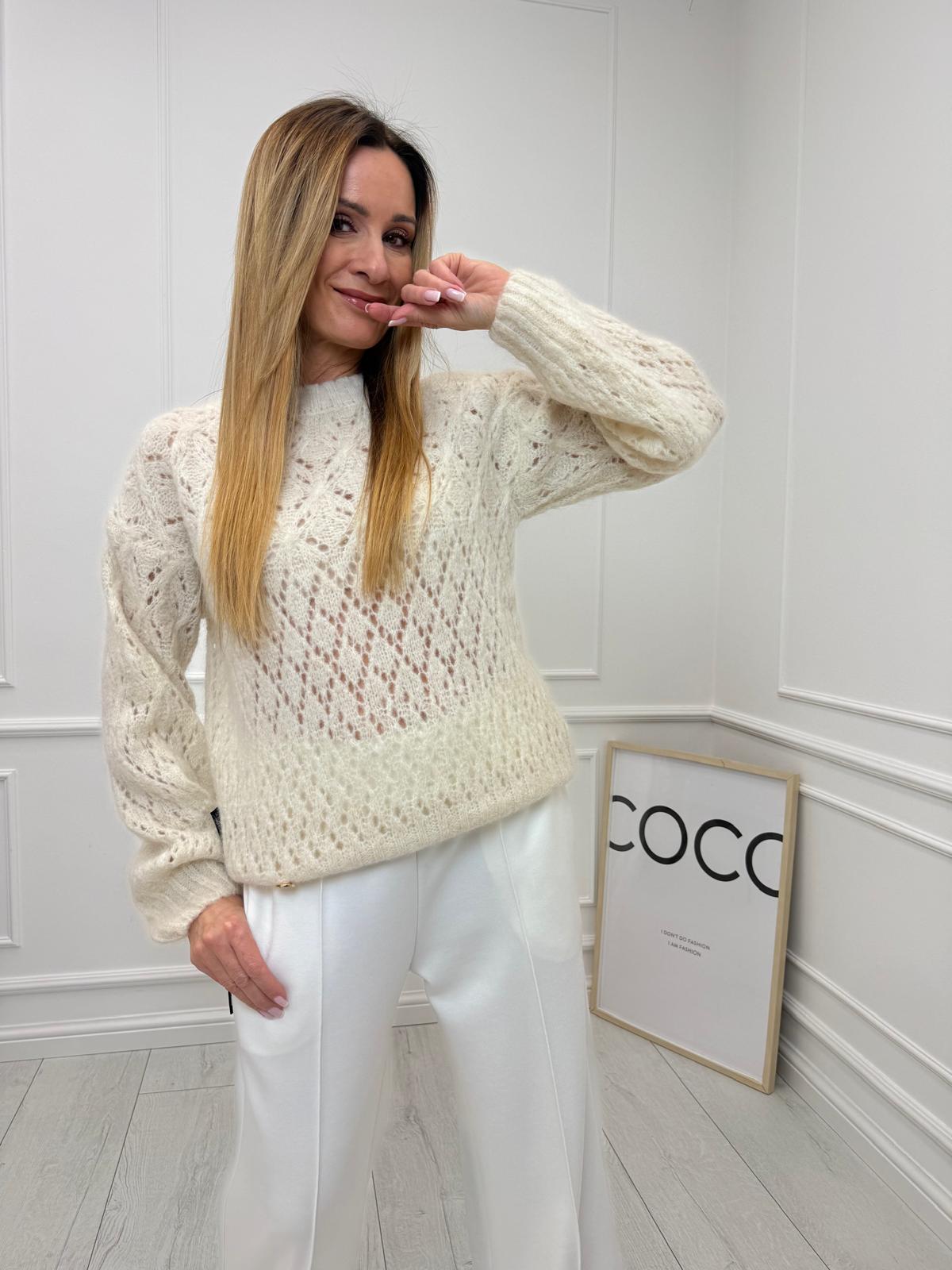 Ażurowy Sweter Minouu Kid Moher Jasny Beż