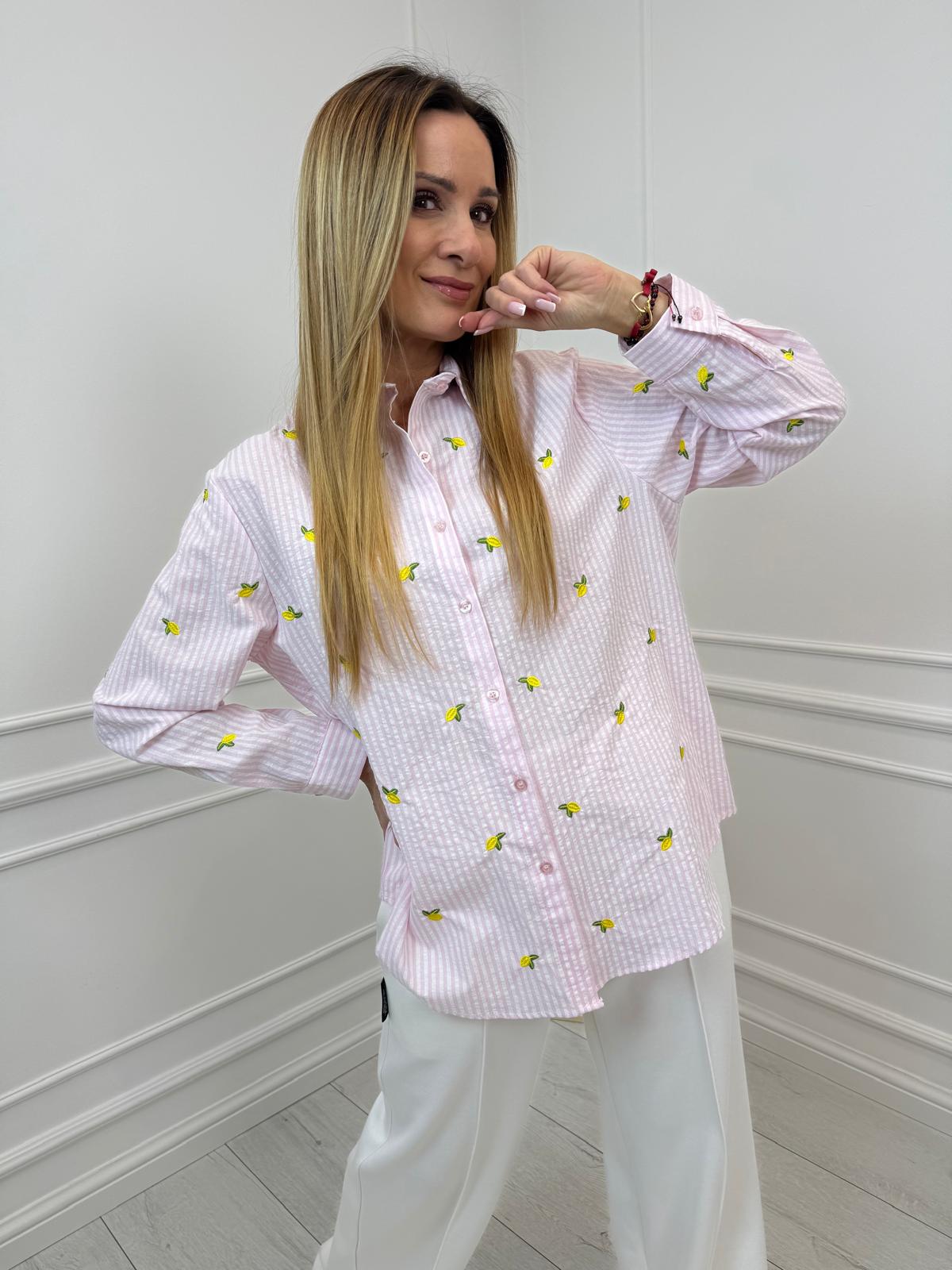  Pudrowy Róż Koszula w Paski Cytrynka