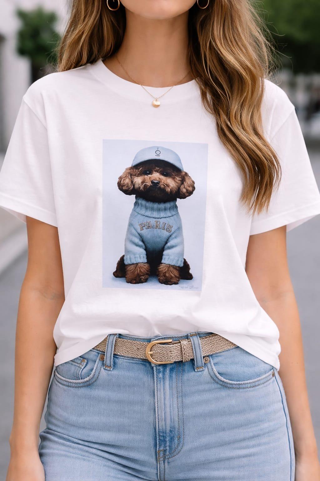 Biała Bluzka T-shirt Nooda Model Pudel Toy w Błękitnym Sweterku