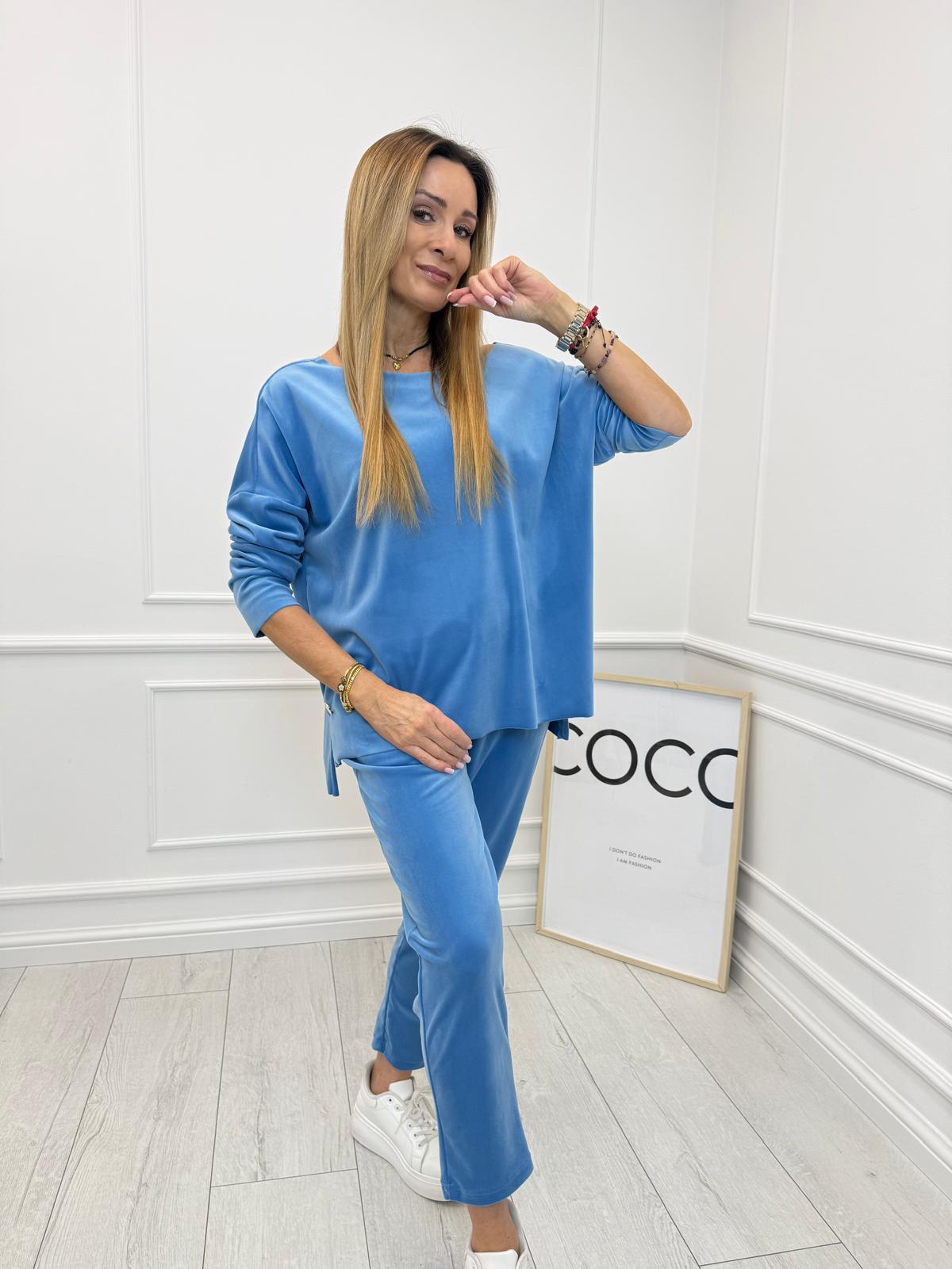 Niebieski Welurowy Komplet Dresowy Minouu Spodnie Patka & Bluzka Agnes 