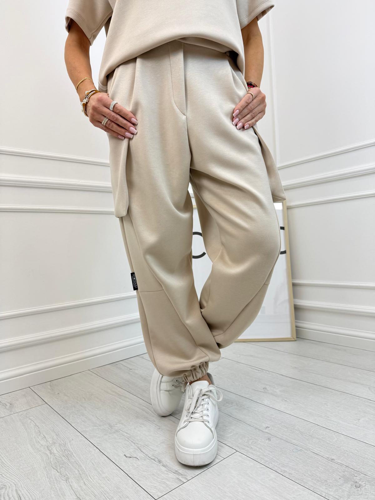 Beżowe Spodnie Minouu Jogger z Kieszeniami