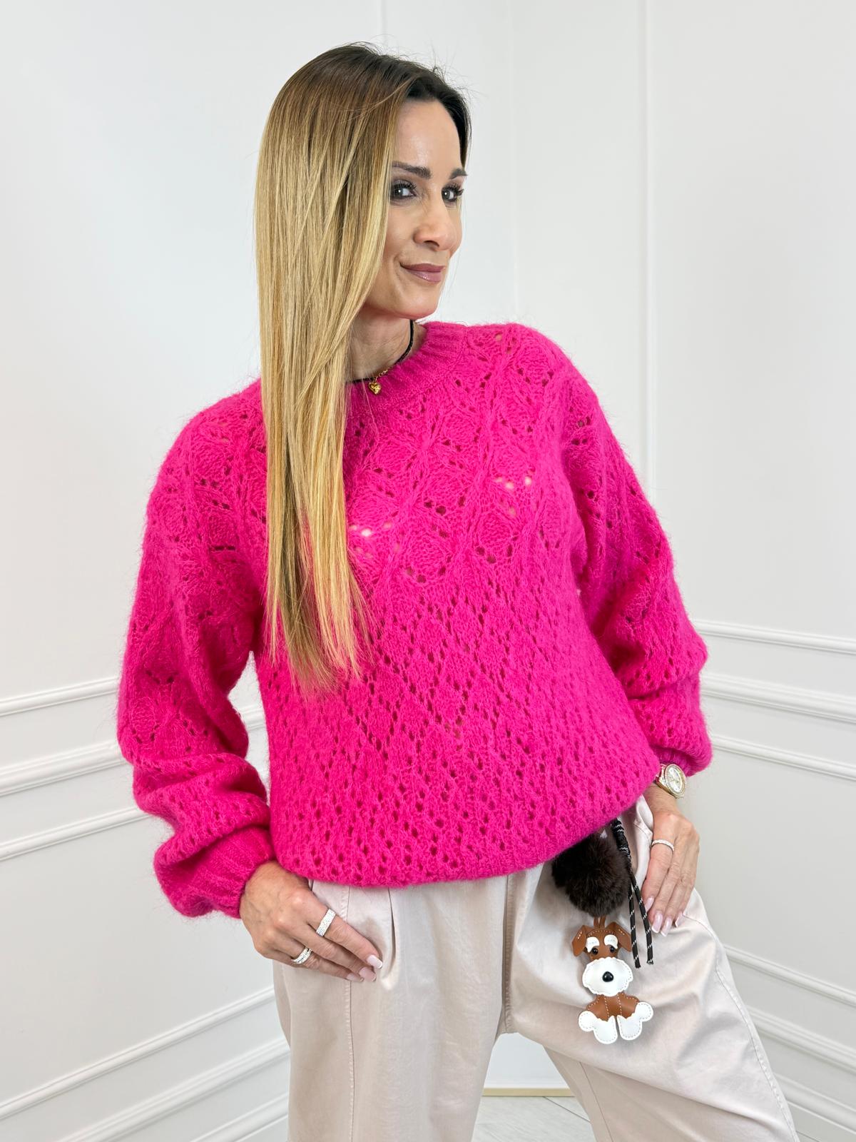 Ażurowy Sweter Minouu Kid Moher Fuksja