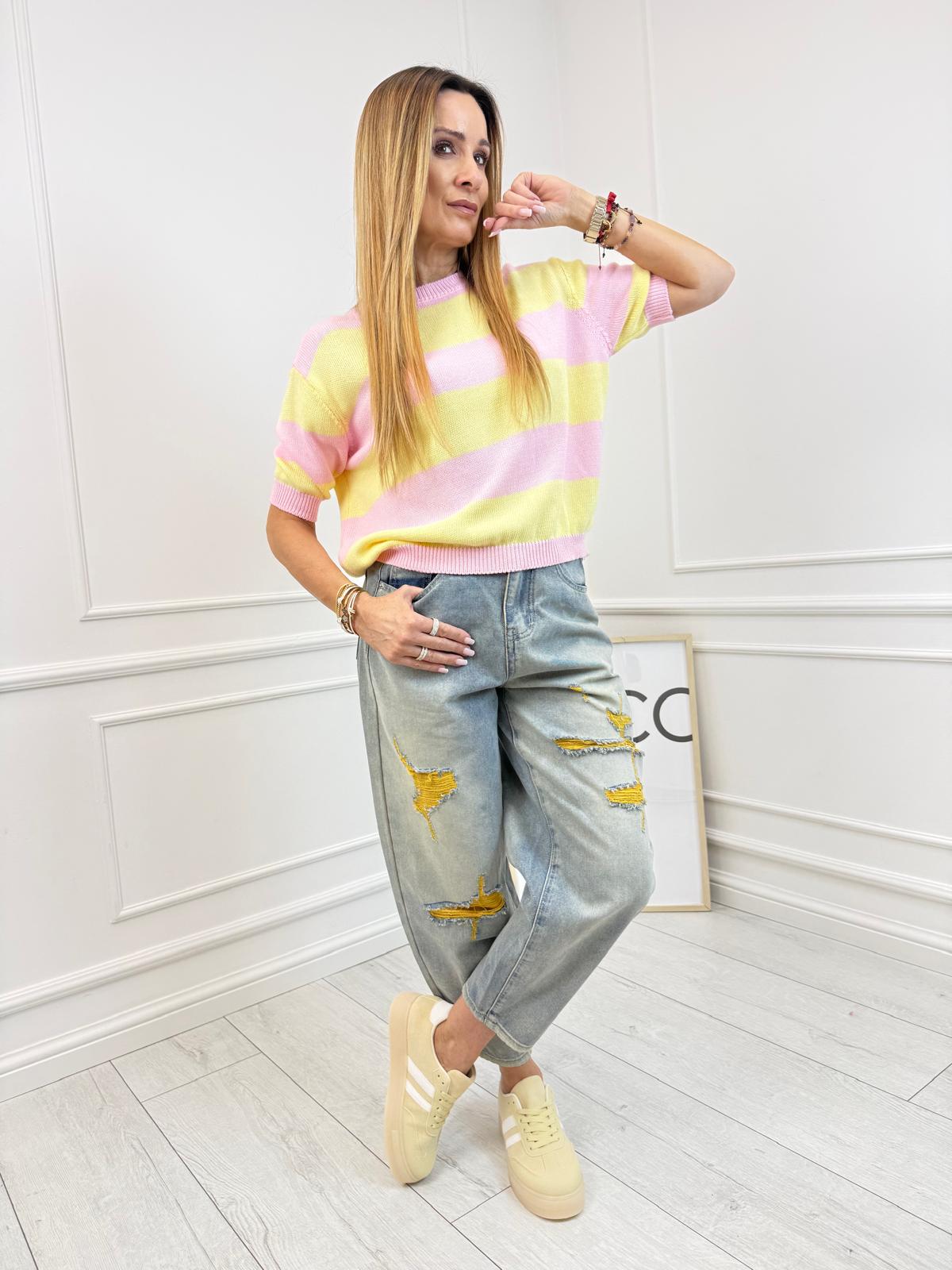 Sweterek w Paski Pudrowy Róż Żółty