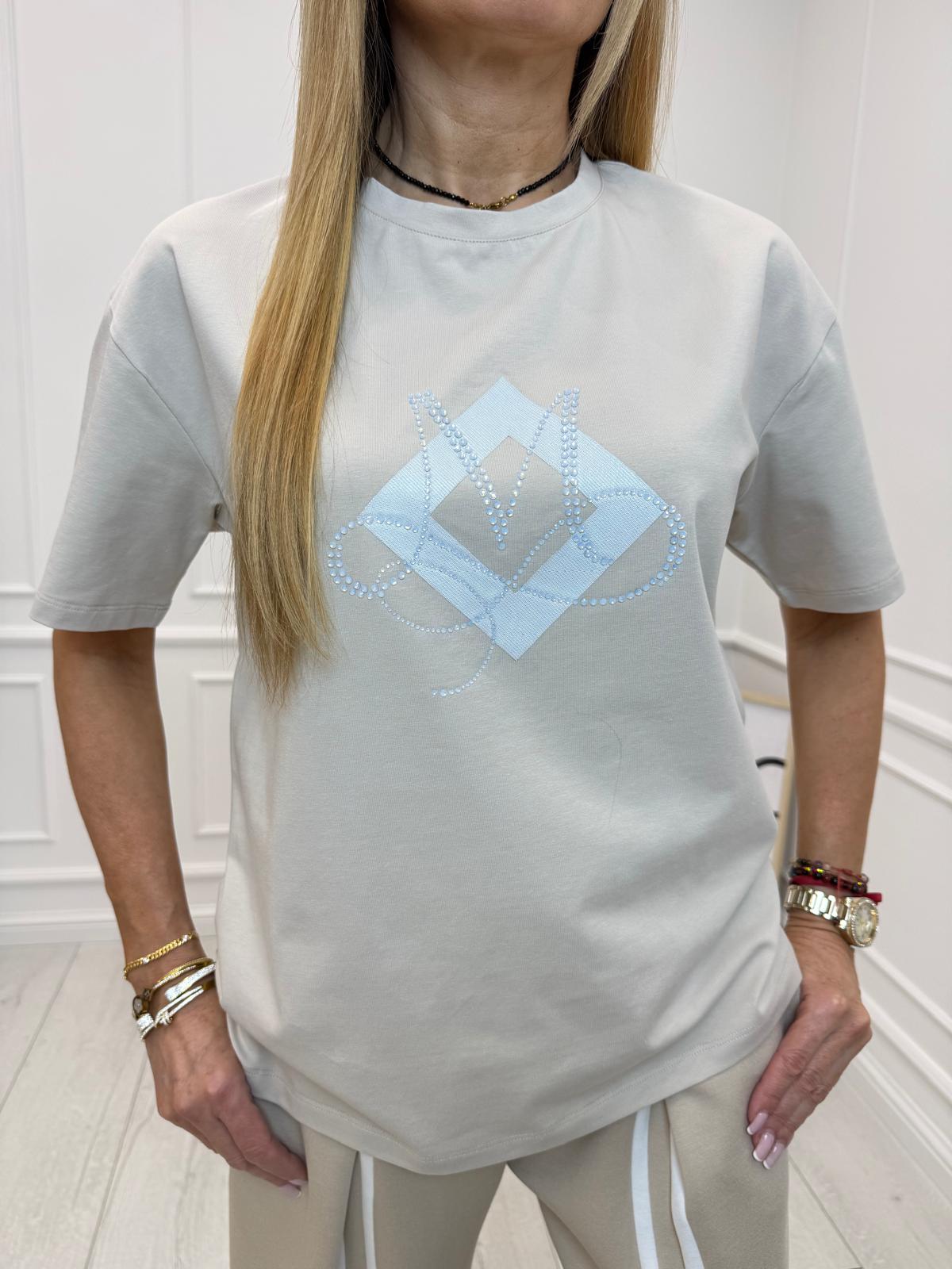 Beżowa Bluzka T-shirt Minouu z Cyrkoniowym M 