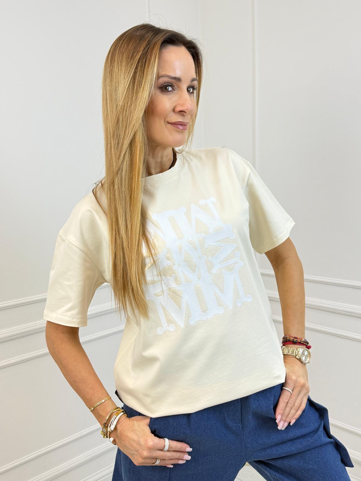 Waniliowa Bluzka T-shirt Minouu z Dekoracyjnym Tłoczonym Logo