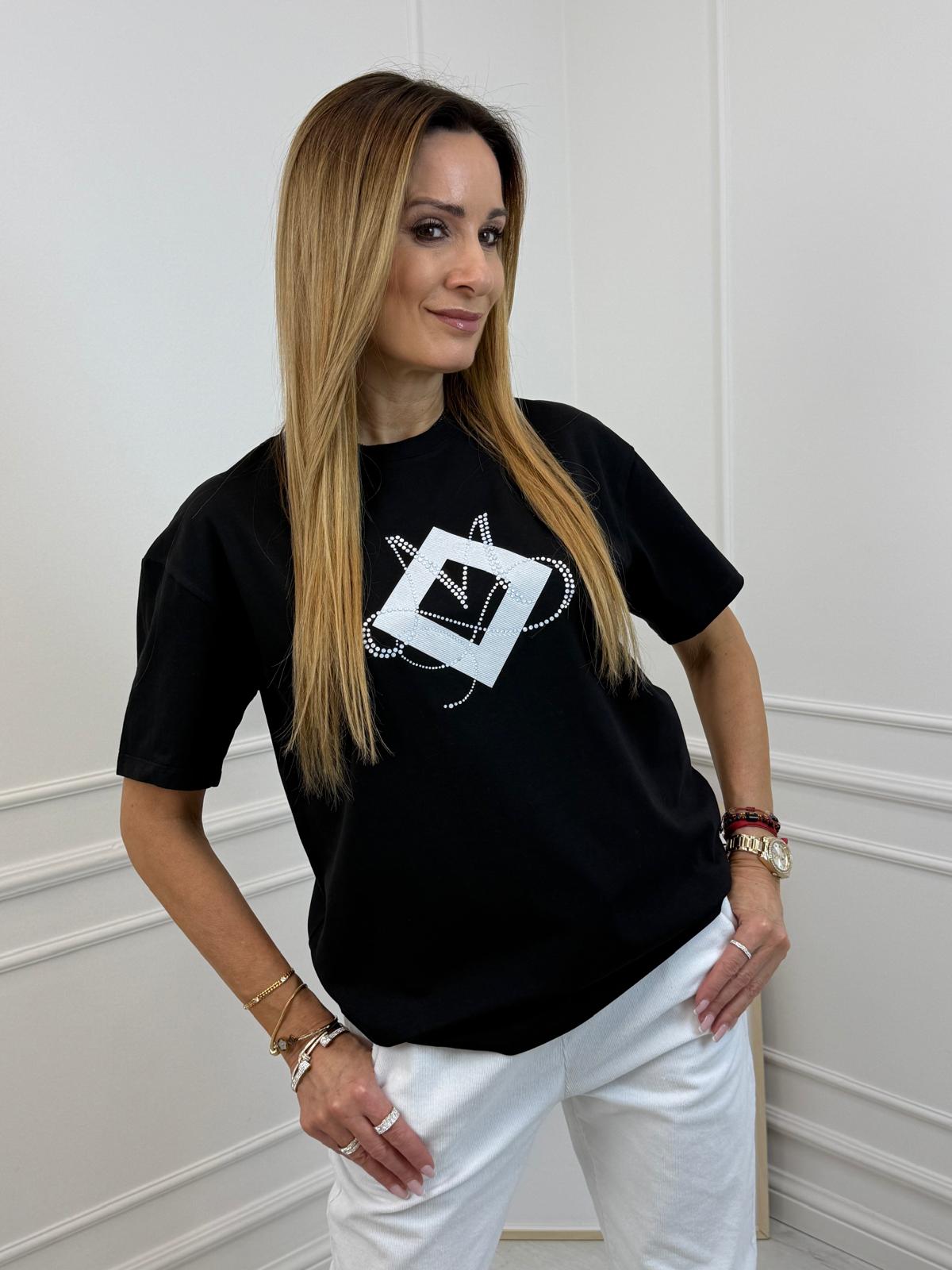 Czarna Bluzka T-shirt Minouu z Cyrkoniowym M 