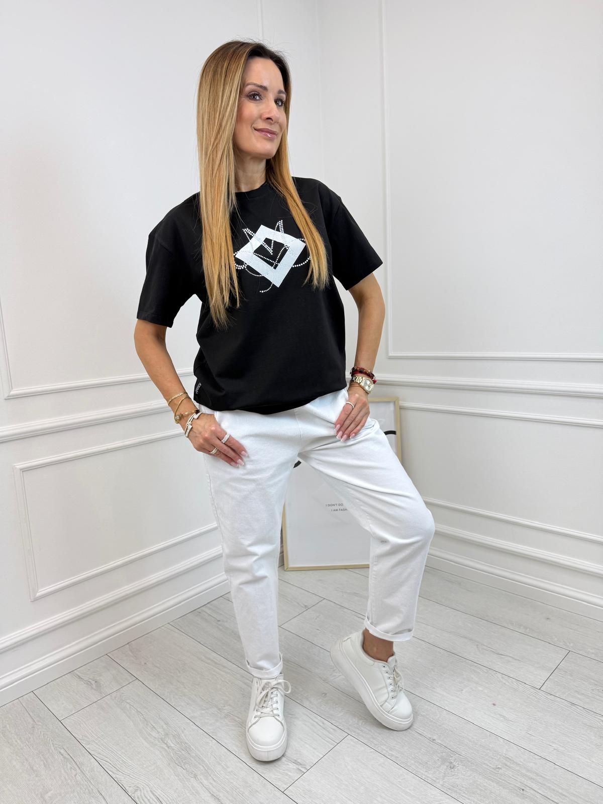 Czarna Bluzka T-shirt Minouu z Cyrkoniowym M 