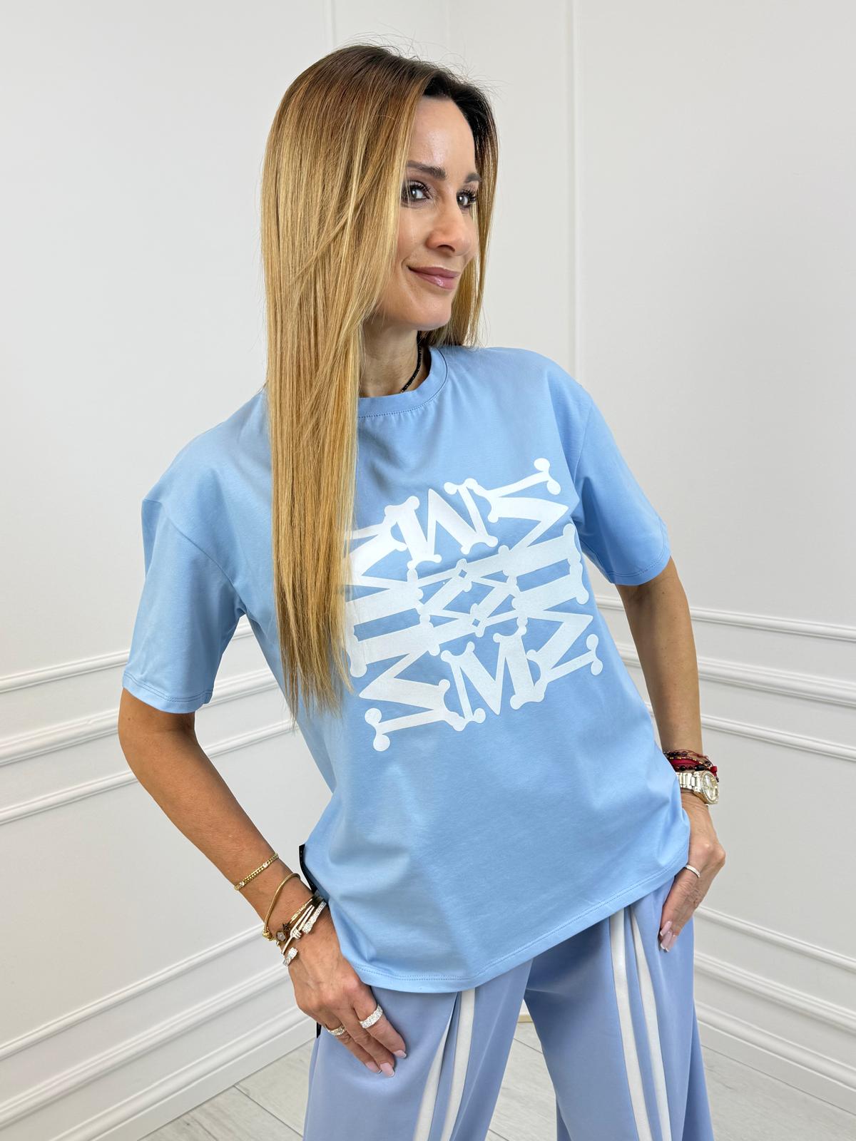 Błękitna Bluzka T-shirt Minouu z Dekoracyjnym Tłoczonym Logo