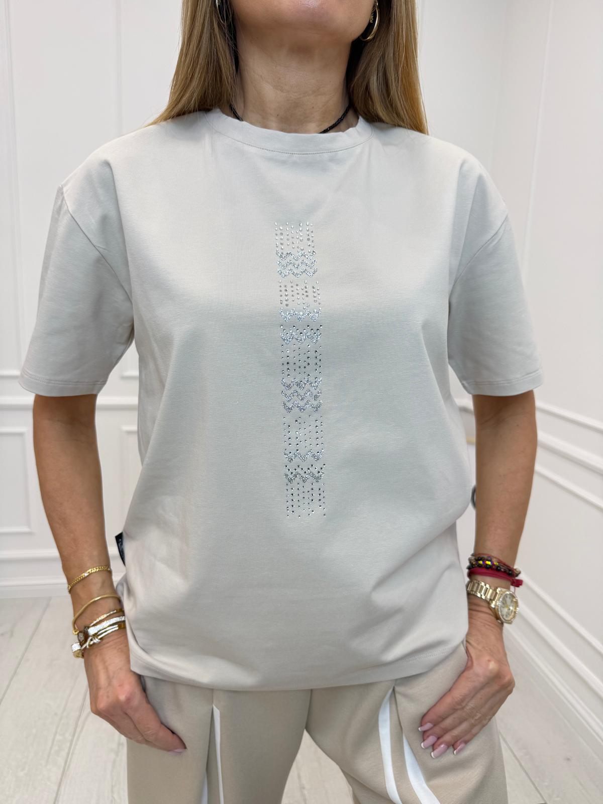 Beżowa Bluzka T-shirt Minouu z Kryształową Aplikacją