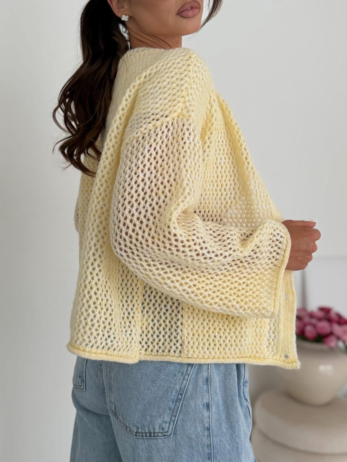 Bananowy Ażurowy Sweter Kardigan BOCCA 